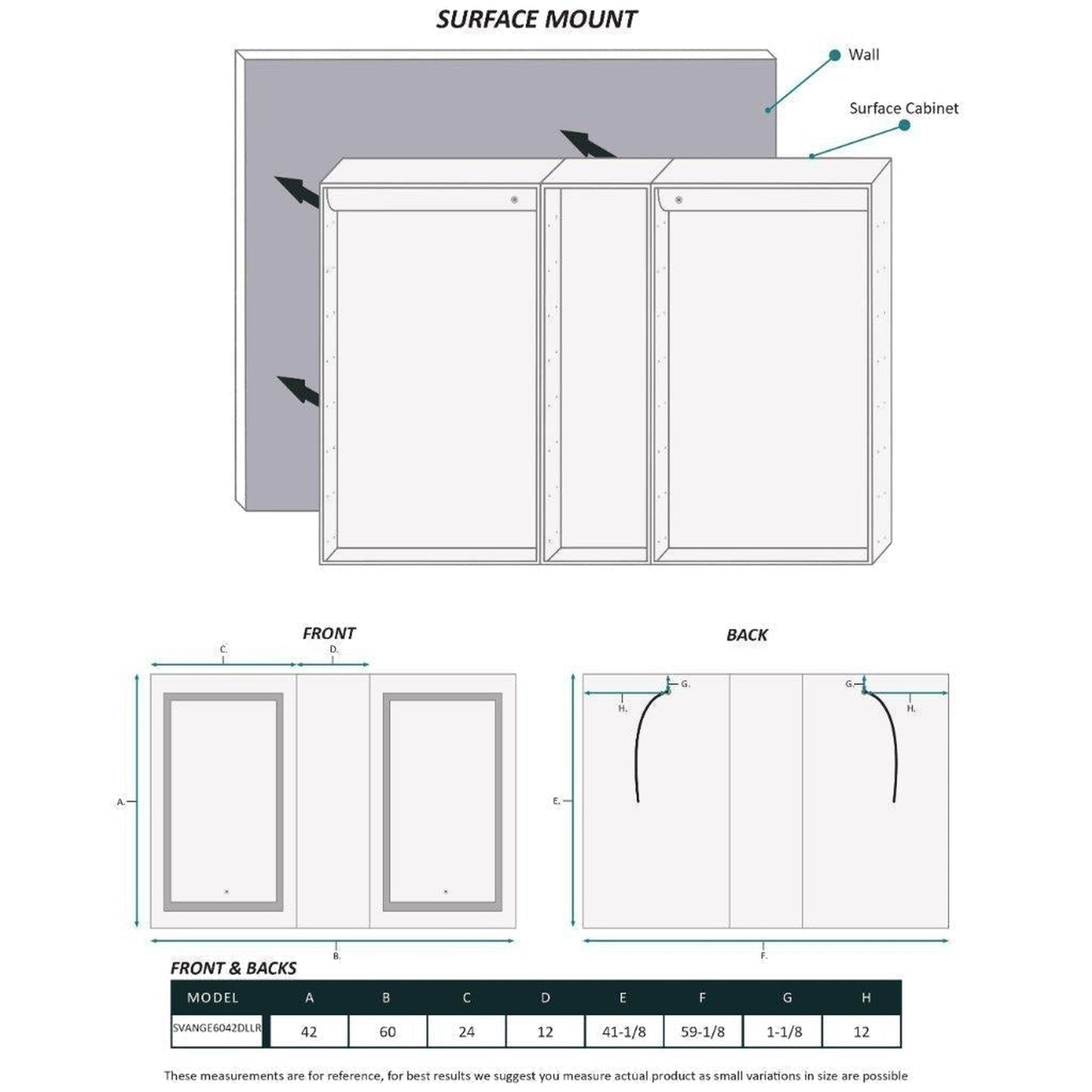 Krugg Reflections Svange 60" x 42" 5000K Double Left-Left-Right Opening Recessed/Surface-Mount Illuminated Silver Backed LED Medicine Cabinet Mirror With Built-in Defogger, Dimmer and Electrical Outlet