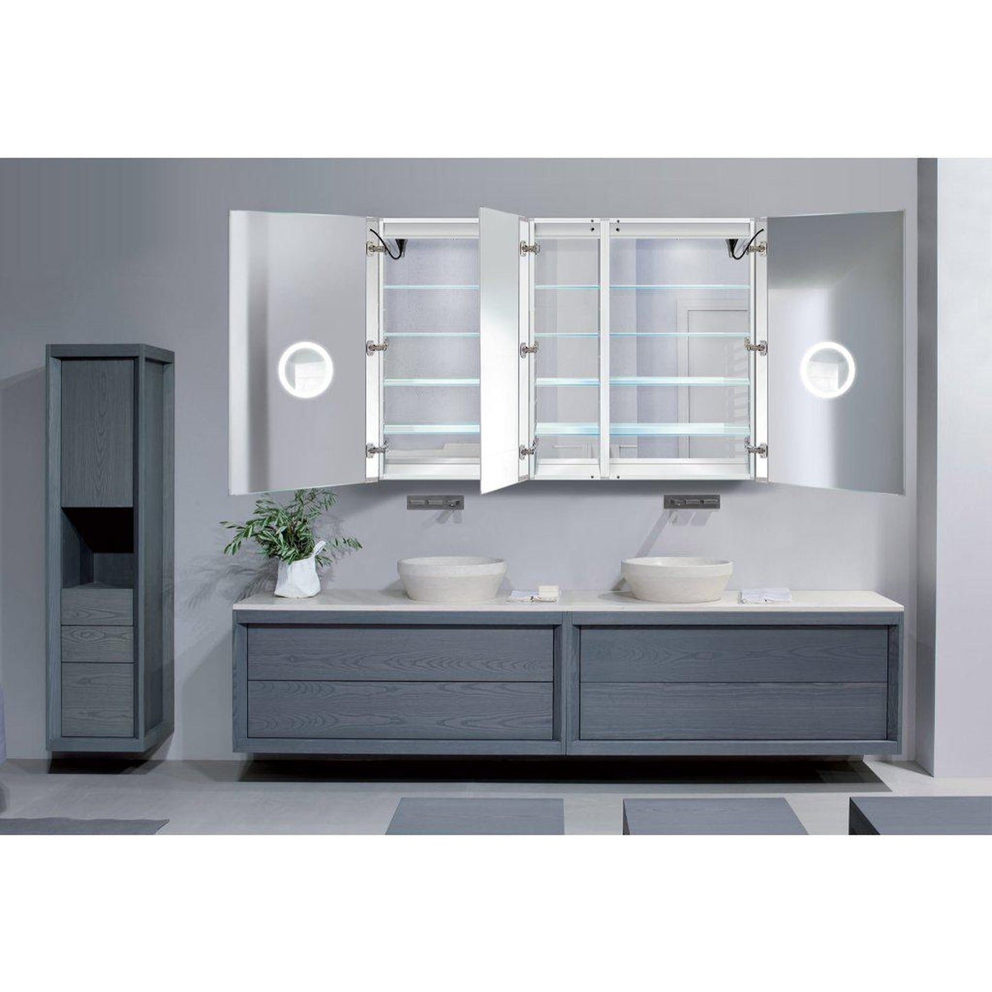 Krugg Reflections Svange 60" x 42" 5000K Double Left-Left-Right Opening Recessed/Surface-Mount Illuminated Silver Backed LED Medicine Cabinet Mirror With Built-in Defogger, Dimmer and Electrical Outlet