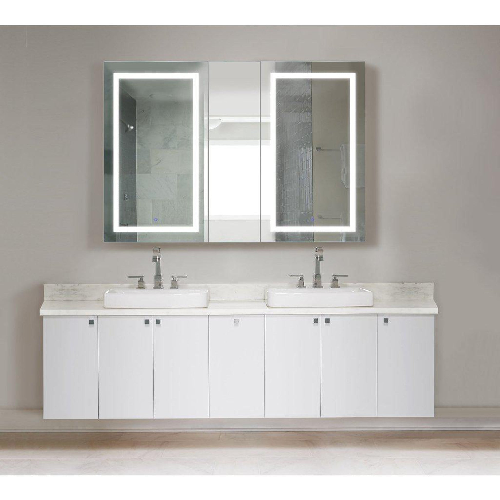 Krugg Reflections Svange 60" x 42" 5000K Double Left-Left-Right Opening Recessed/Surface-Mount Illuminated Silver Backed LED Medicine Cabinet Mirror With Built-in Defogger, Dimmer and Electrical Outlet