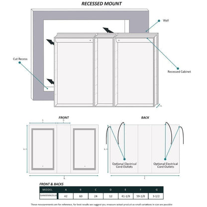 Krugg Reflections Svange 60" x 42" 5000K Double Left-Left-Right Opening Recessed/Surface-Mount Illuminated Silver Backed LED Medicine Cabinet Mirror With Built-in Defogger, Dimmer and Electrical Outlet