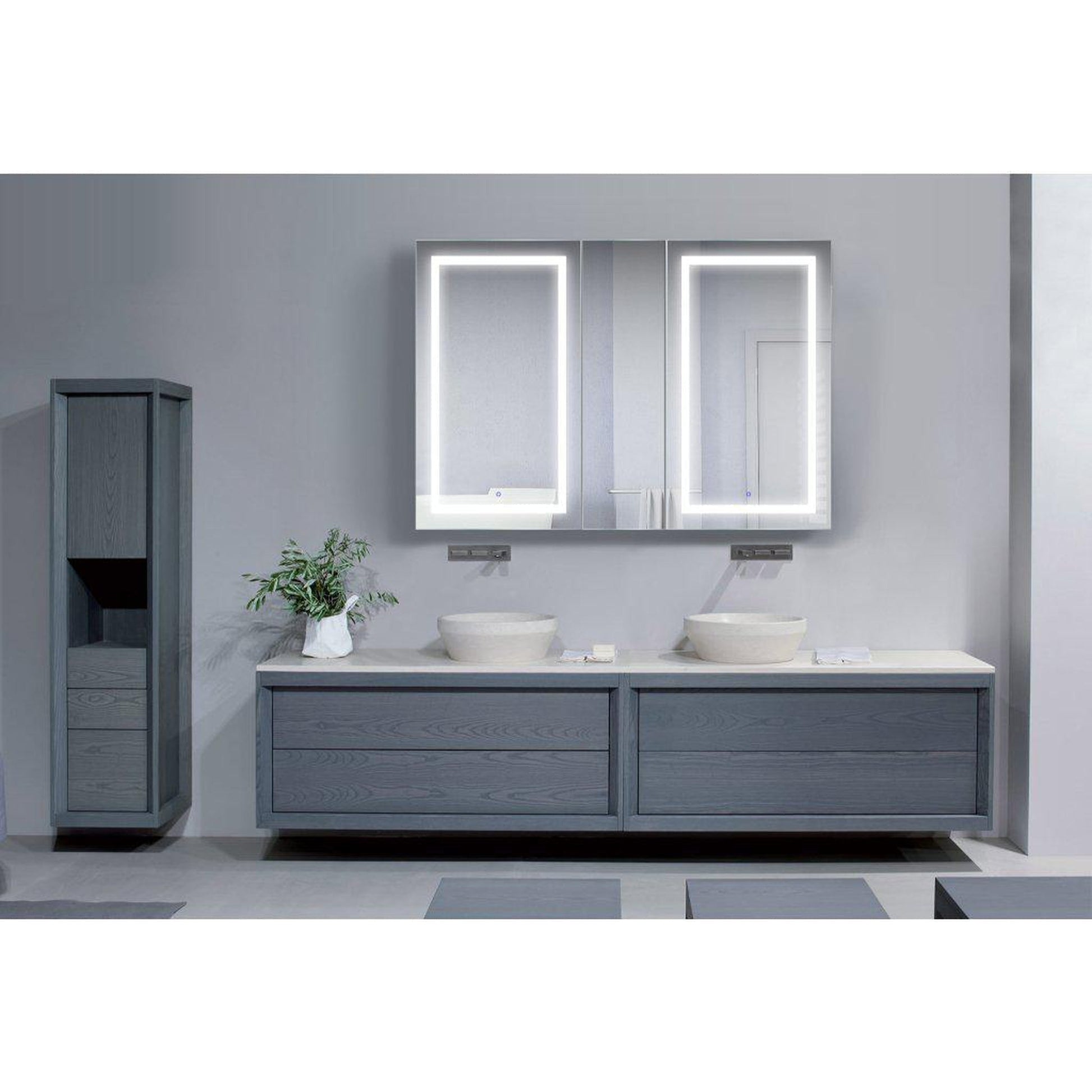 Krugg Reflections Svange 60" x 42" 5000K Double Left-Left-Right Opening Recessed/Surface-Mount Illuminated Silver Backed LED Medicine Cabinet Mirror With Built-in Defogger, Dimmer and Electrical Outlet