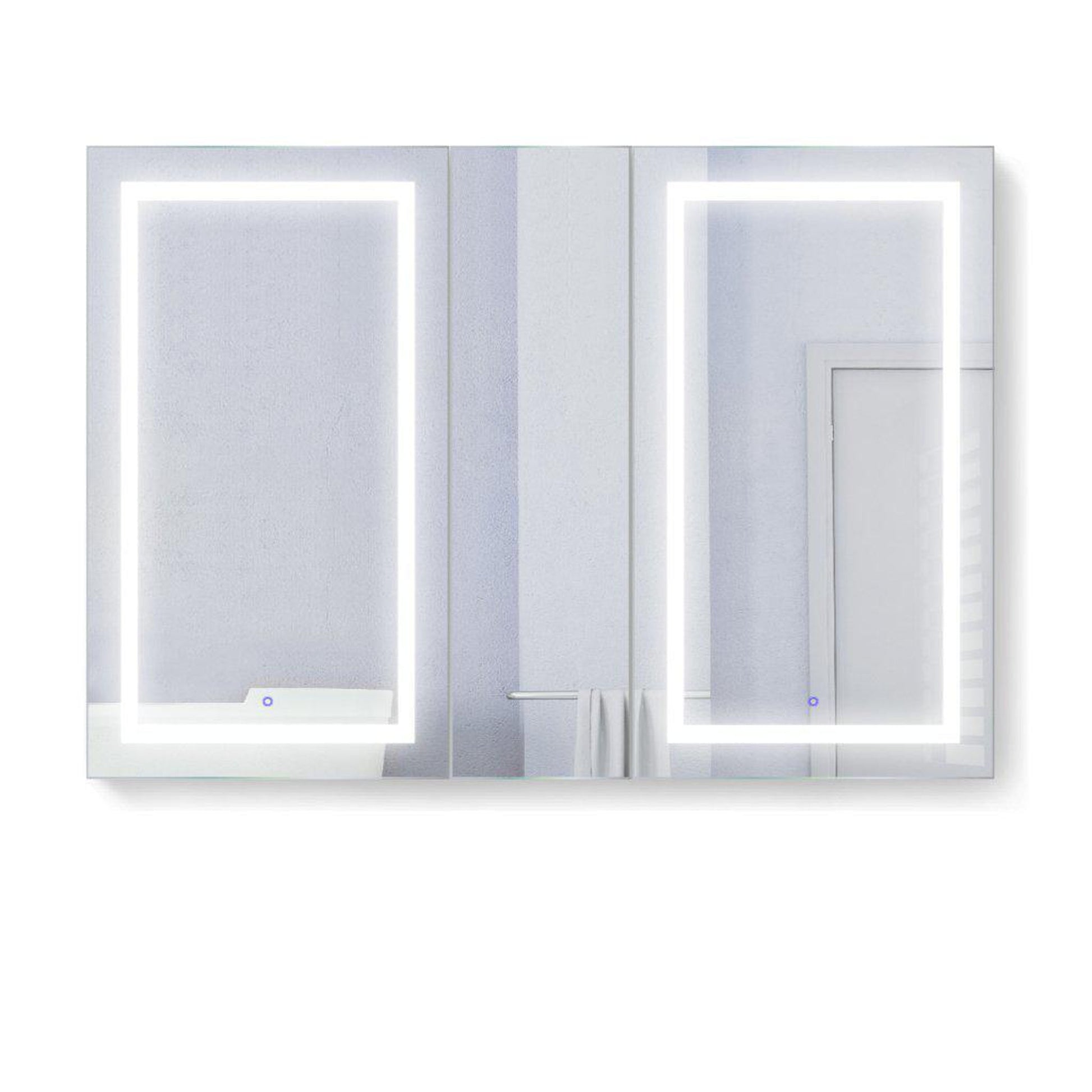 Krugg Reflections Svange 60" x 42" 5000K Double Left-Left-Right Opening Recessed/Surface-Mount Illuminated Silver Backed LED Medicine Cabinet Mirror With Built-in Defogger, Dimmer and Electrical Outlet