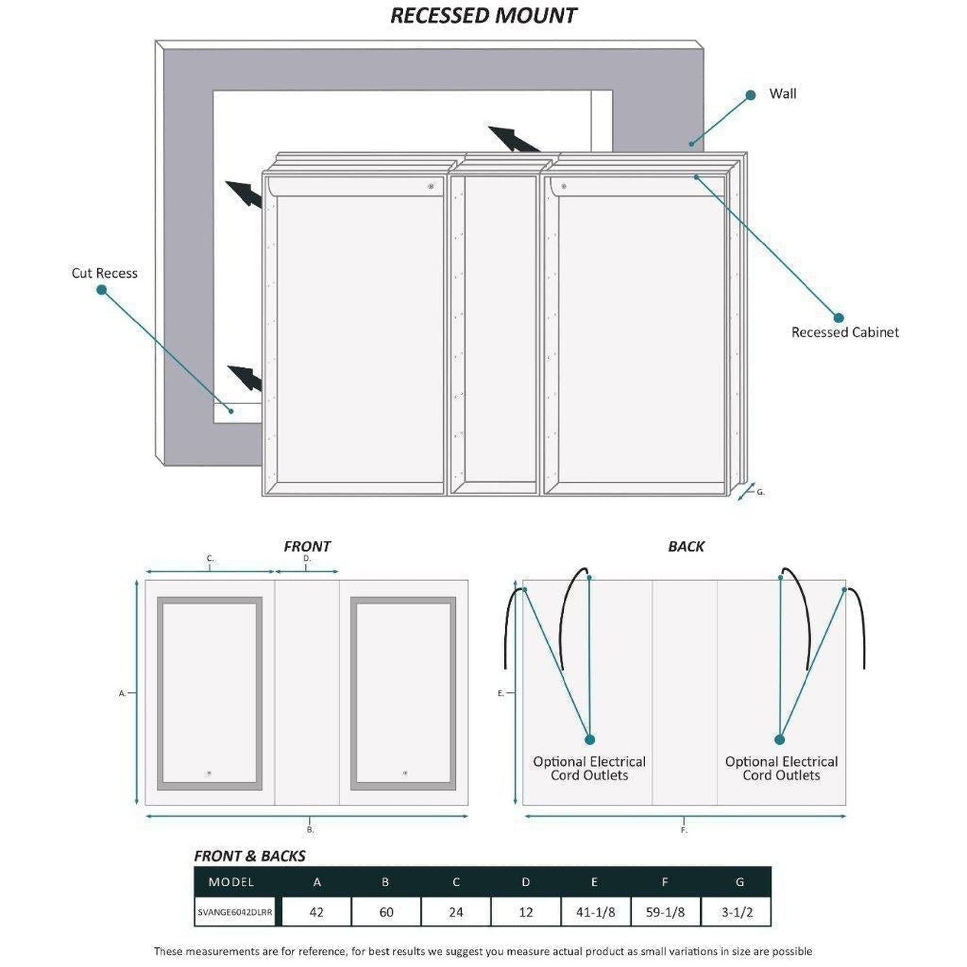 Krugg Reflections Svange 60" x 42" 5000K Double Left-Right-Right Opening Recessed/Surface-Mount Illuminated Silver Backed LED Medicine Cabinet Mirror With Built-in Defogger, Dimmer and Electrical Outlet