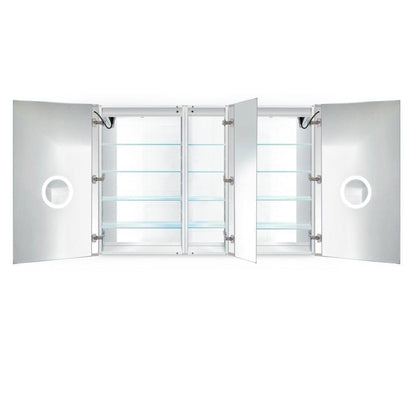 Krugg Reflections Svange 60" x 42" 5000K Double Left-Right-Right Opening Recessed/Surface-Mount Illuminated Silver Backed LED Medicine Cabinet Mirror With Built-in Defogger, Dimmer and Electrical Outlet