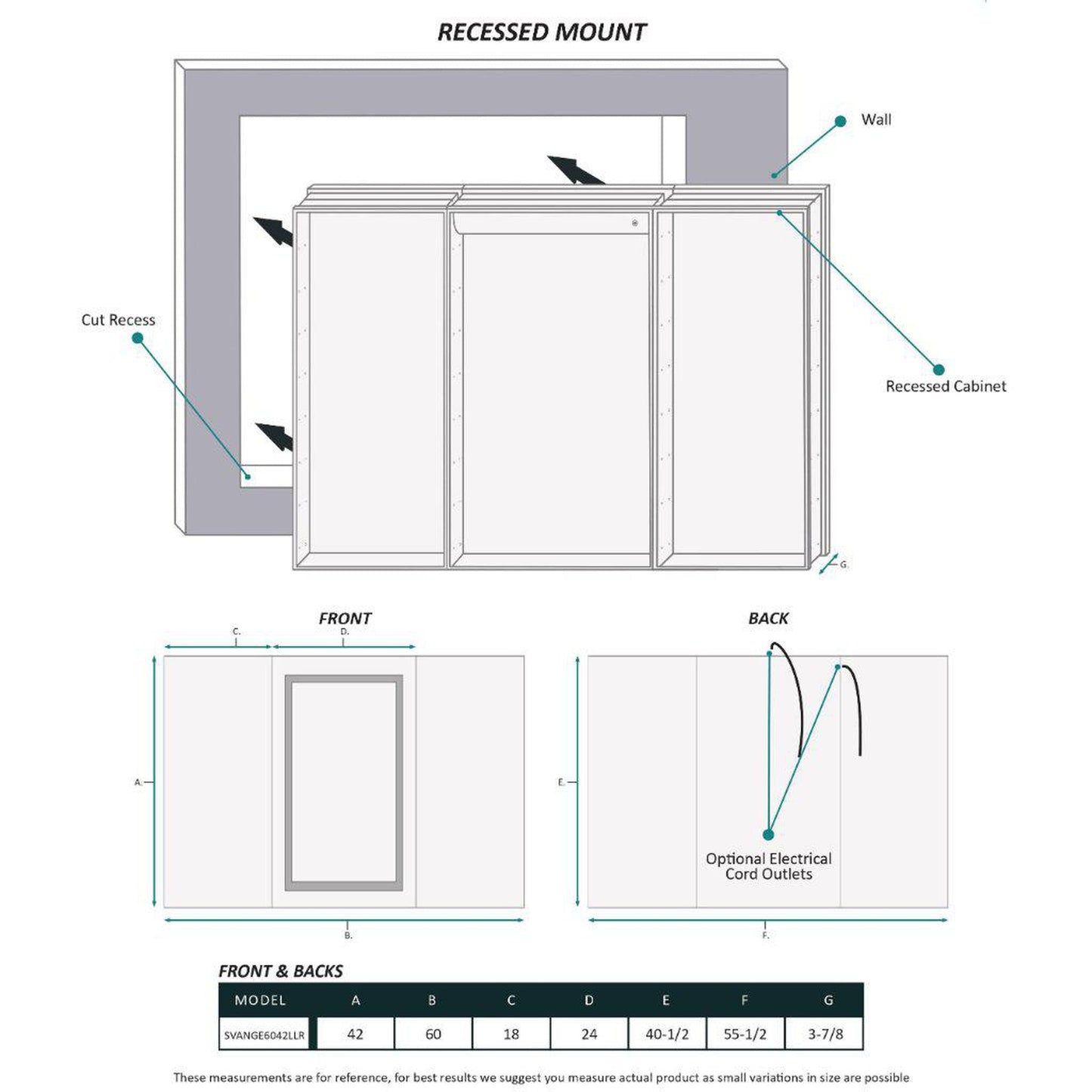 Krugg Reflections Svange 60" x 42" 5000K Single Tri-View Left-Left-Right Opening Recessed/Surface-Mount Illuminated Silver Backed LED Medicine Cabinet Mirror With Built-in Defogger, Dimmer and Electrical Outlet