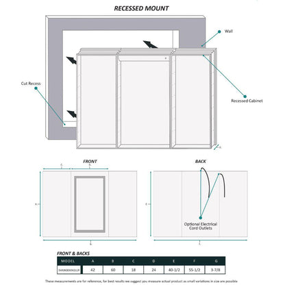 Krugg Reflections Svange 60" x 42" 5000K Single Tri-View Left-Left-Right Opening Recessed/Surface-Mount Illuminated Silver Backed LED Medicine Cabinet Mirror With Built-in Defogger, Dimmer and Electrical Outlet