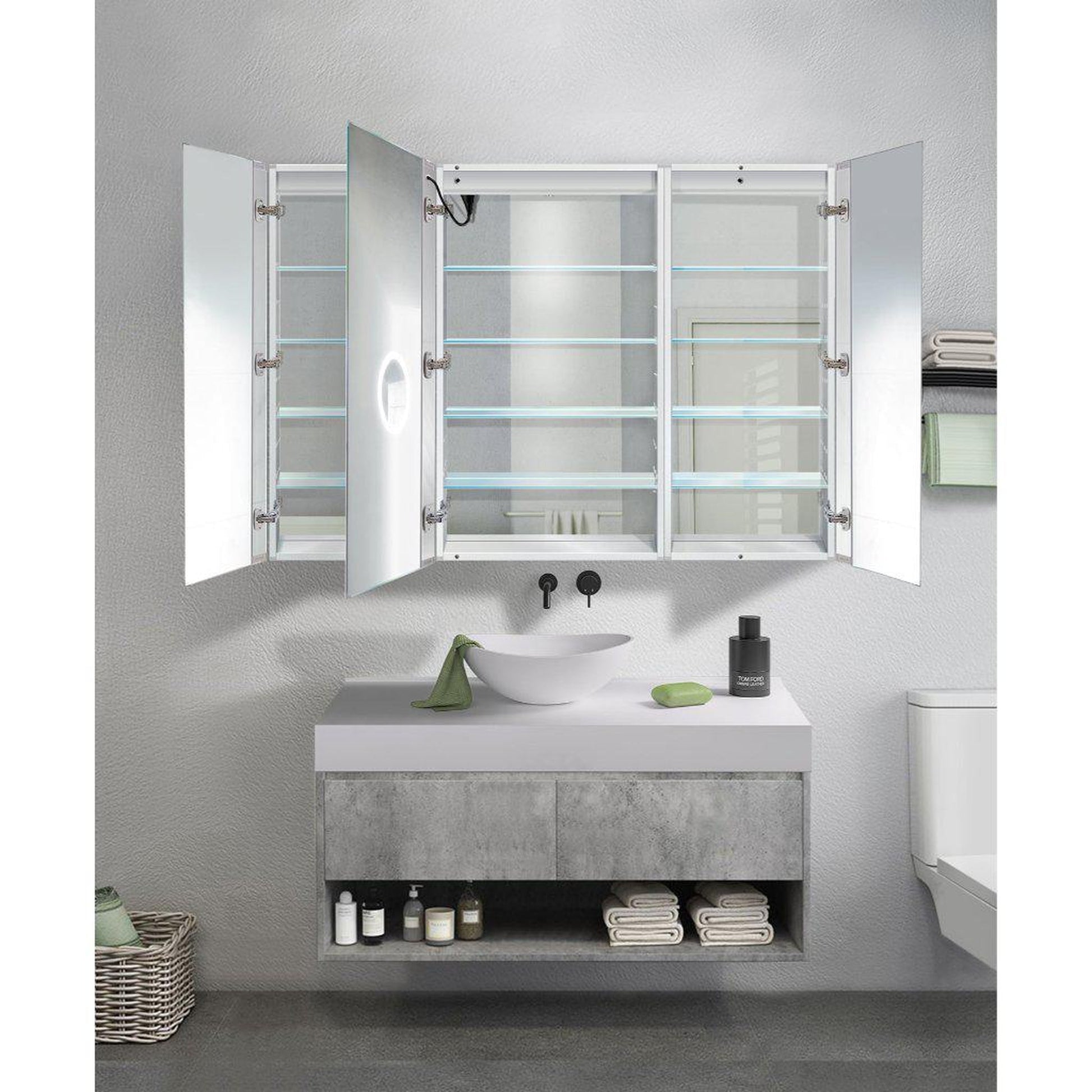 Krugg Reflections Svange 60" x 42" 5000K Single Tri-View Left-Left-Right Opening Recessed/Surface-Mount Illuminated Silver Backed LED Medicine Cabinet Mirror With Built-in Defogger, Dimmer and Electrical Outlet