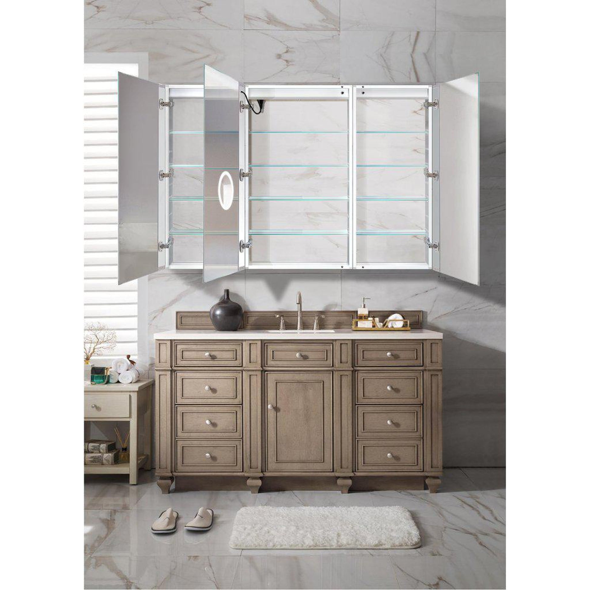 Krugg Reflections Svange 60" x 42" 5000K Single Tri-View Left-Left-Right Opening Recessed/Surface-Mount Illuminated Silver Backed LED Medicine Cabinet Mirror With Built-in Defogger, Dimmer and Electrical Outlet