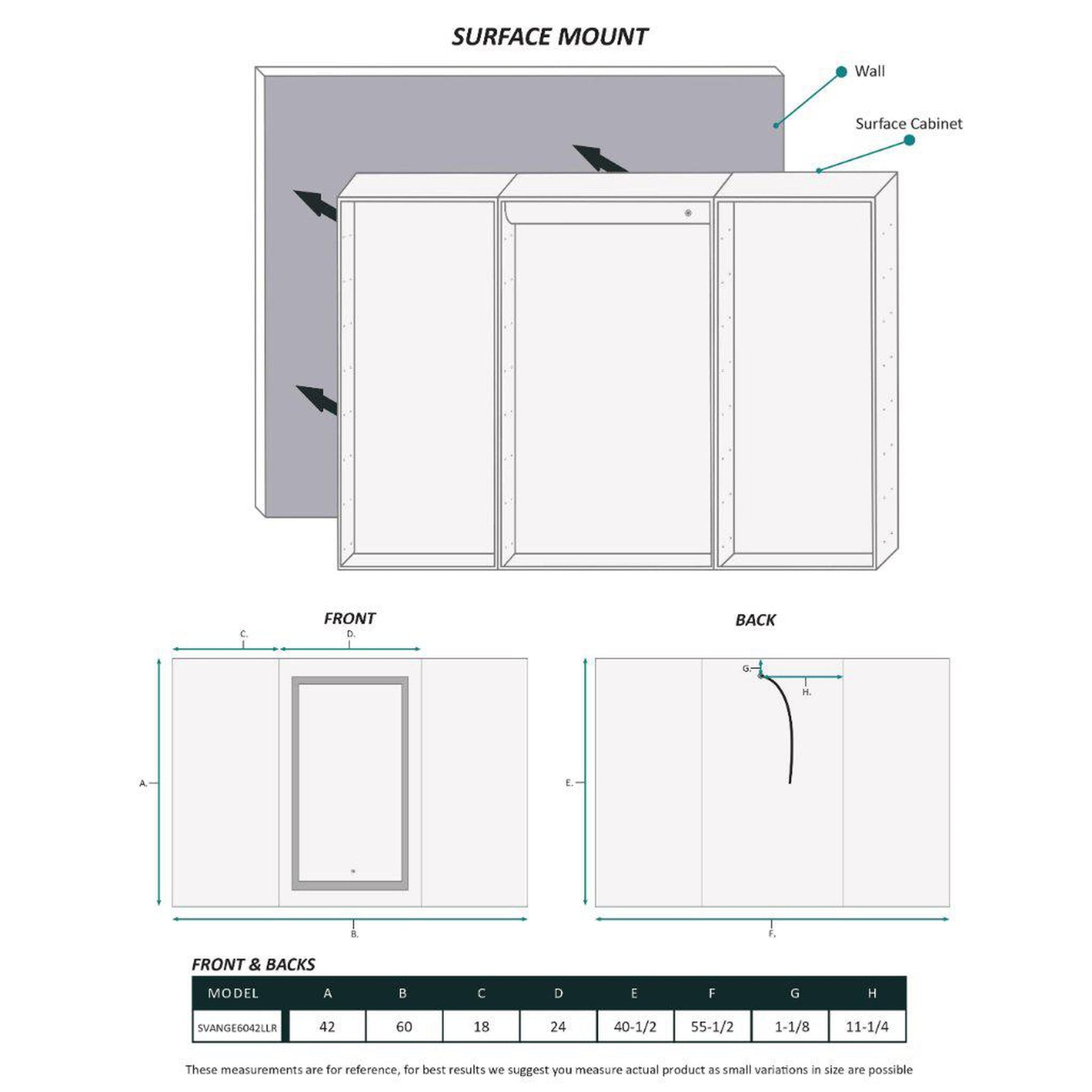 Krugg Reflections Svange 60" x 42" 5000K Single Tri-View Left-Left-Right Opening Recessed/Surface-Mount Illuminated Silver Backed LED Medicine Cabinet Mirror With Built-in Defogger, Dimmer and Electrical Outlet