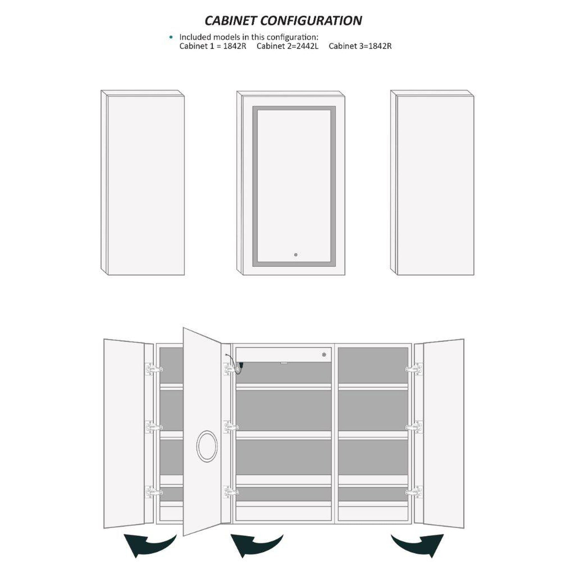 Krugg Reflections Svange 60" x 42" 5000K Single Tri-View Left-Left-Right Opening Recessed/Surface-Mount Illuminated Silver Backed LED Medicine Cabinet Mirror With Built-in Defogger, Dimmer and Electrical Outlet