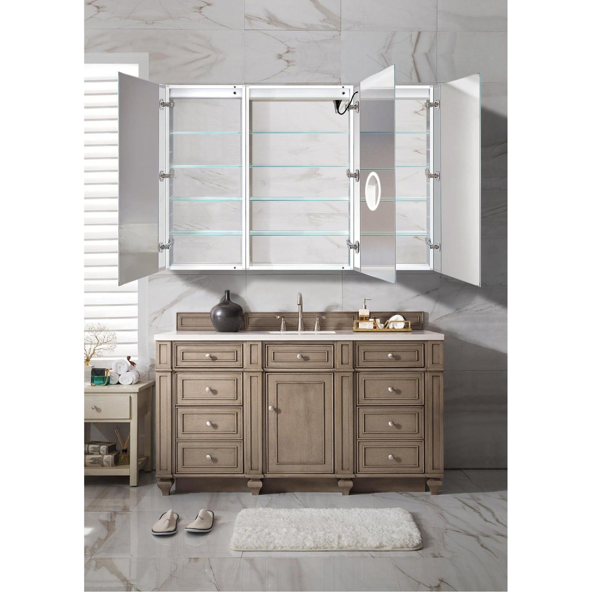 Krugg Reflections Svange 60" x 42" 5000K Single Tri-View Left-Right-Right Opening Recessed/Surface-Mount Illuminated Silver Backed LED Medicine Cabinet Mirror With Built-in Defogger, Dimmer and Electrical Outlet