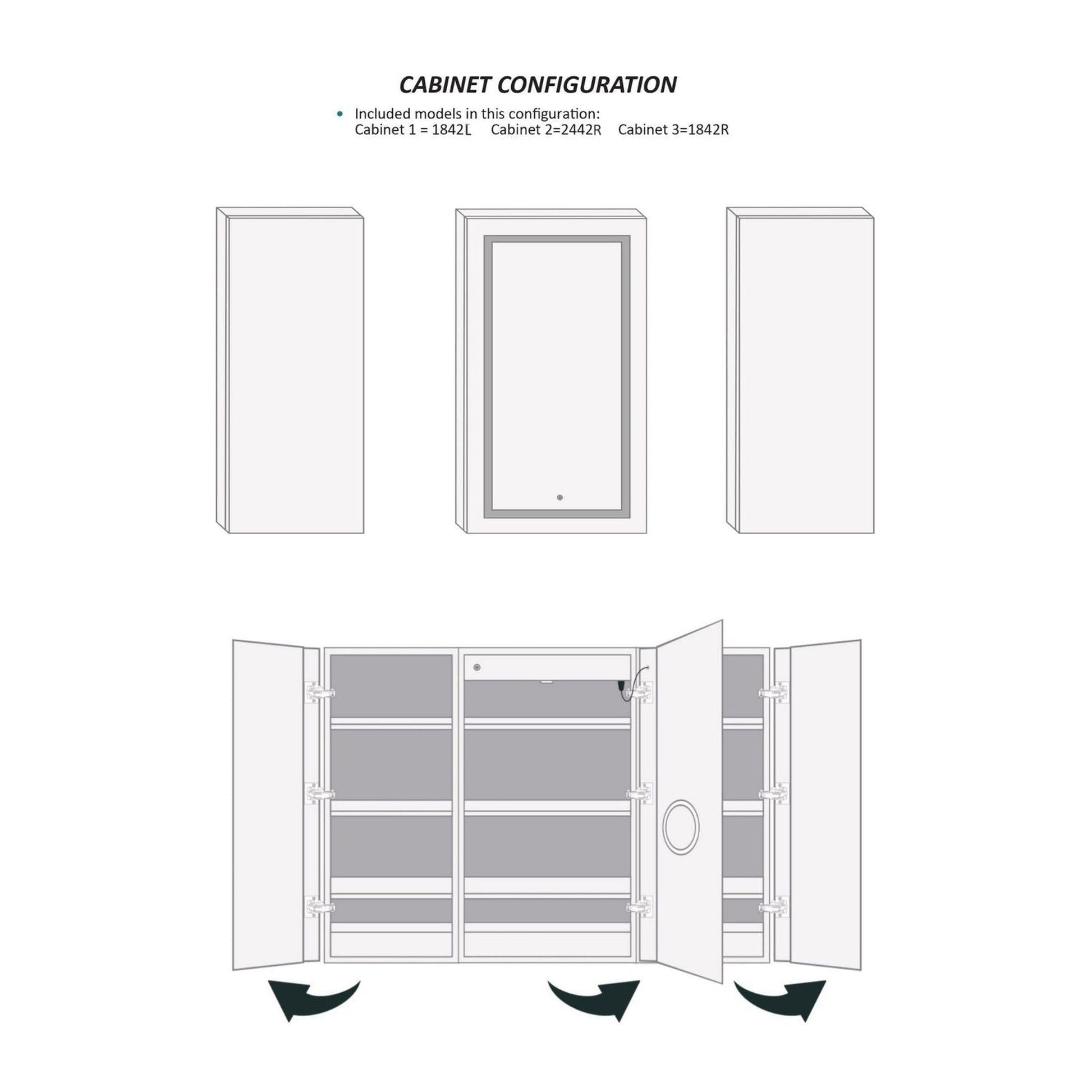 Krugg Reflections Svange 60" x 42" 5000K Single Tri-View Left-Right-Right Opening Recessed/Surface-Mount Illuminated Silver Backed LED Medicine Cabinet Mirror With Built-in Defogger, Dimmer and Electrical Outlet