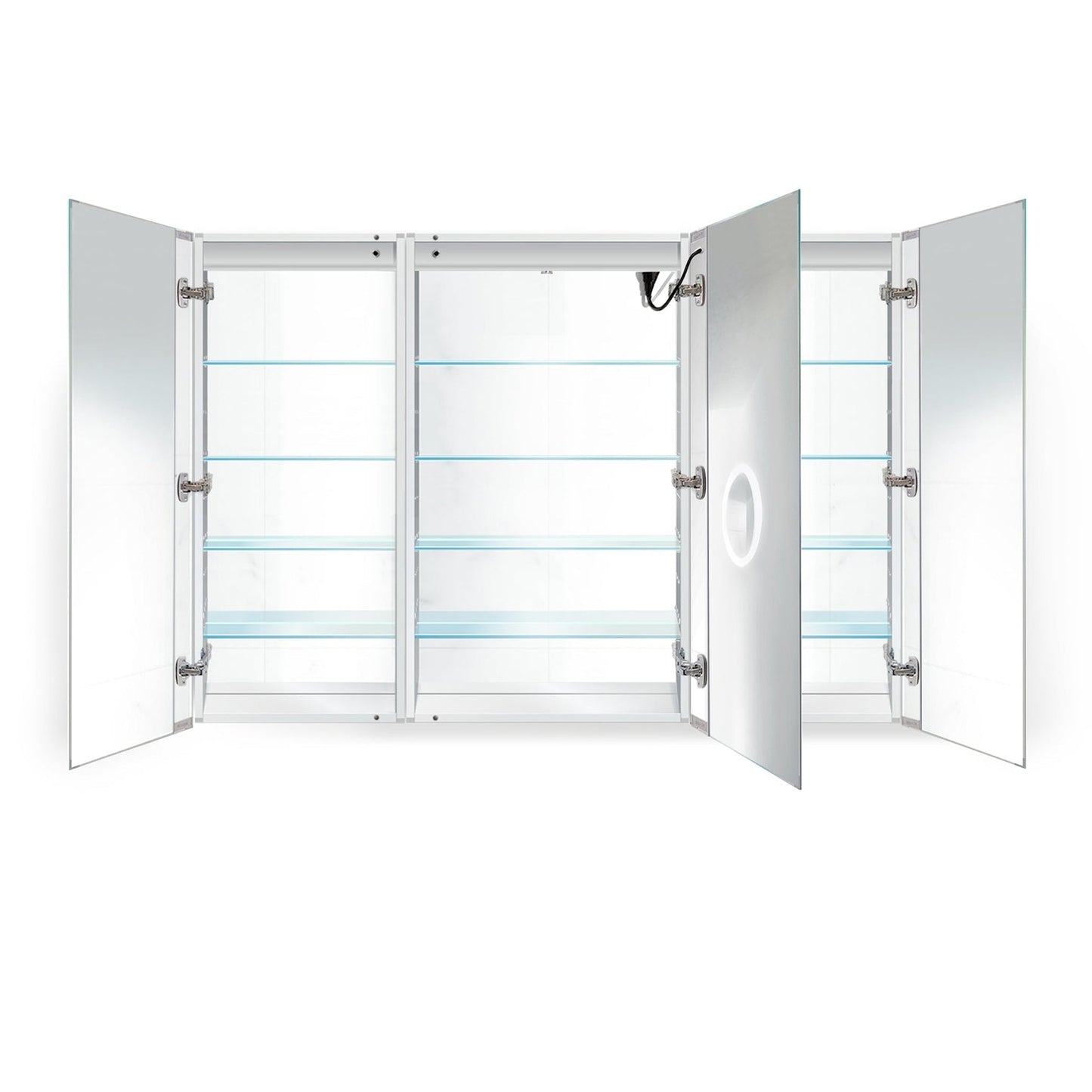 Krugg Reflections Svange 60" x 42" 5000K Single Tri-View Left-Right-Right Opening Recessed/Surface-Mount Illuminated Silver Backed LED Medicine Cabinet Mirror With Built-in Defogger, Dimmer and Electrical Outlet