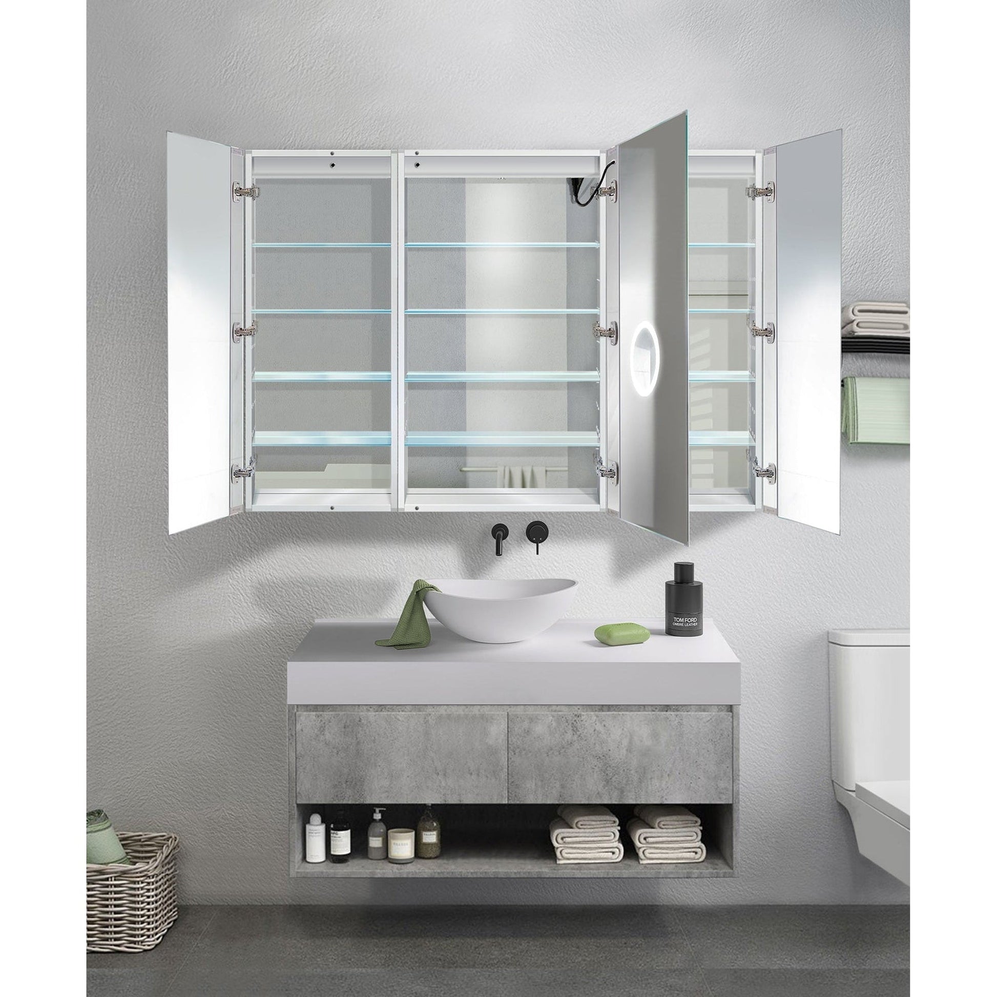 Krugg Reflections Svange 60" x 42" 5000K Single Tri-View Left-Right-Right Opening Recessed/Surface-Mount Illuminated Silver Backed LED Medicine Cabinet Mirror With Built-in Defogger, Dimmer and Electrical Outlet