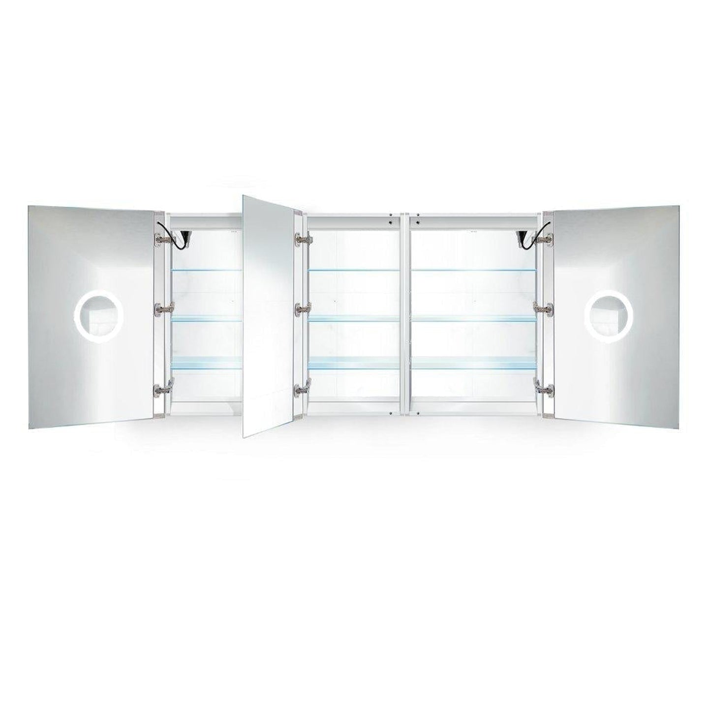 Krugg Reflections Svange 66" x 36" 5000K Double Tri-View Left-Left-Right Opening Recessed/Surface-Mount Illuminated Silver Backed LED Medicine Cabinet Mirror With Built-in Defogger, Dimmer and Electrical Outlet