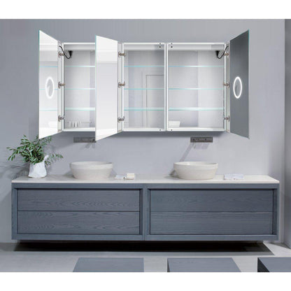 Krugg Reflections Svange 66" x 36" 5000K Double Tri-View Left-Left-Right Opening Recessed/Surface-Mount Illuminated Silver Backed LED Medicine Cabinet Mirror With Built-in Defogger, Dimmer and Electrical Outlet