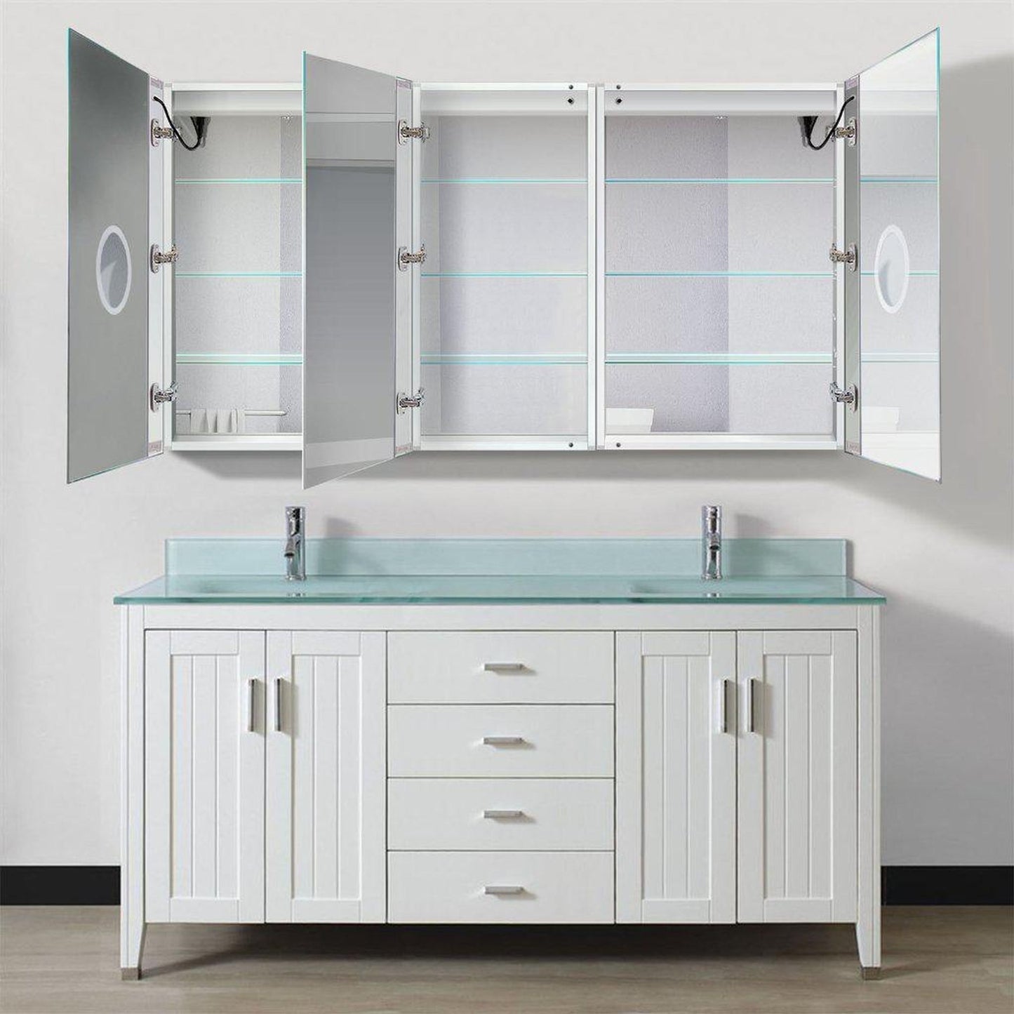 Krugg Reflections Svange 66" x 36" 5000K Double Tri-View Left-Left-Right Opening Recessed/Surface-Mount Illuminated Silver Backed LED Medicine Cabinet Mirror With Built-in Defogger, Dimmer and Electrical Outlet