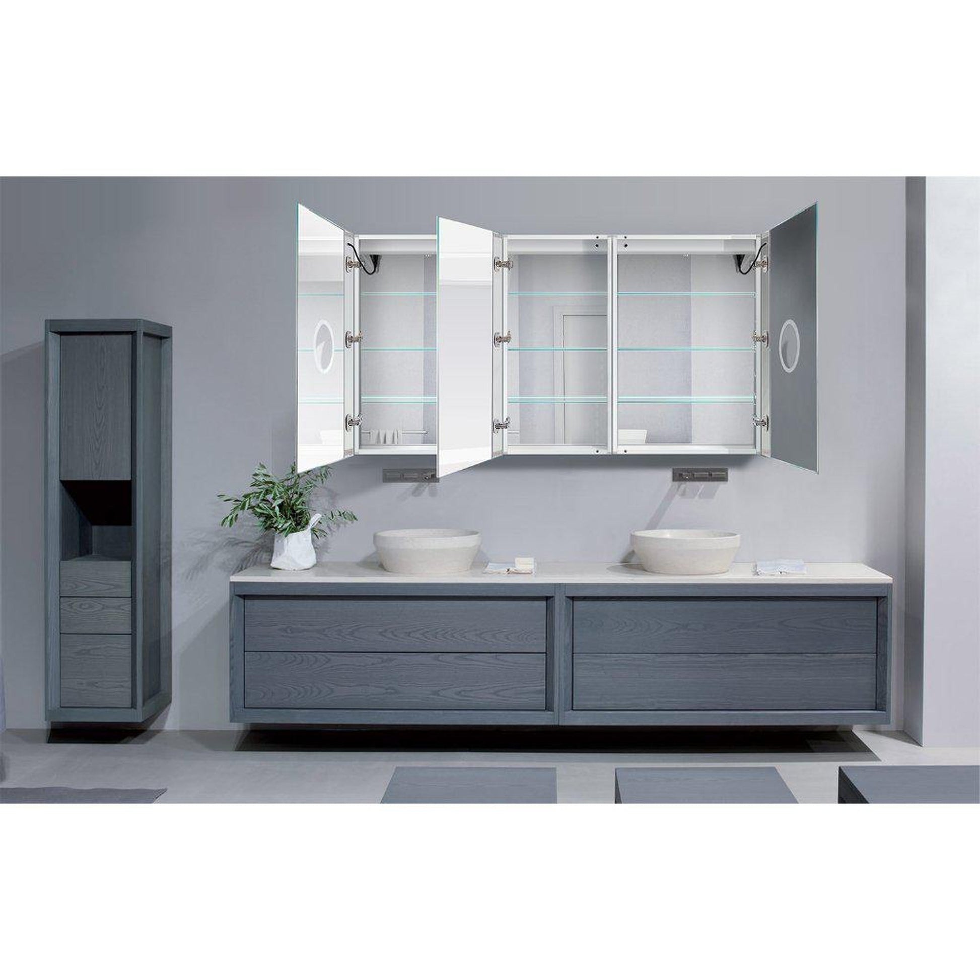 Krugg Reflections Svange 66" x 36" 5000K Double Tri-View Left-Left-Right Opening Recessed/Surface-Mount Illuminated Silver Backed LED Medicine Cabinet Mirror With Built-in Defogger, Dimmer and Electrical Outlet