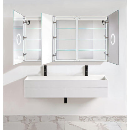 Krugg Reflections Svange 66" x 36" 5000K Double Tri-View Left-Left-Right Opening Recessed/Surface-Mount Illuminated Silver Backed LED Medicine Cabinet Mirror With Built-in Defogger, Dimmer and Electrical Outlet