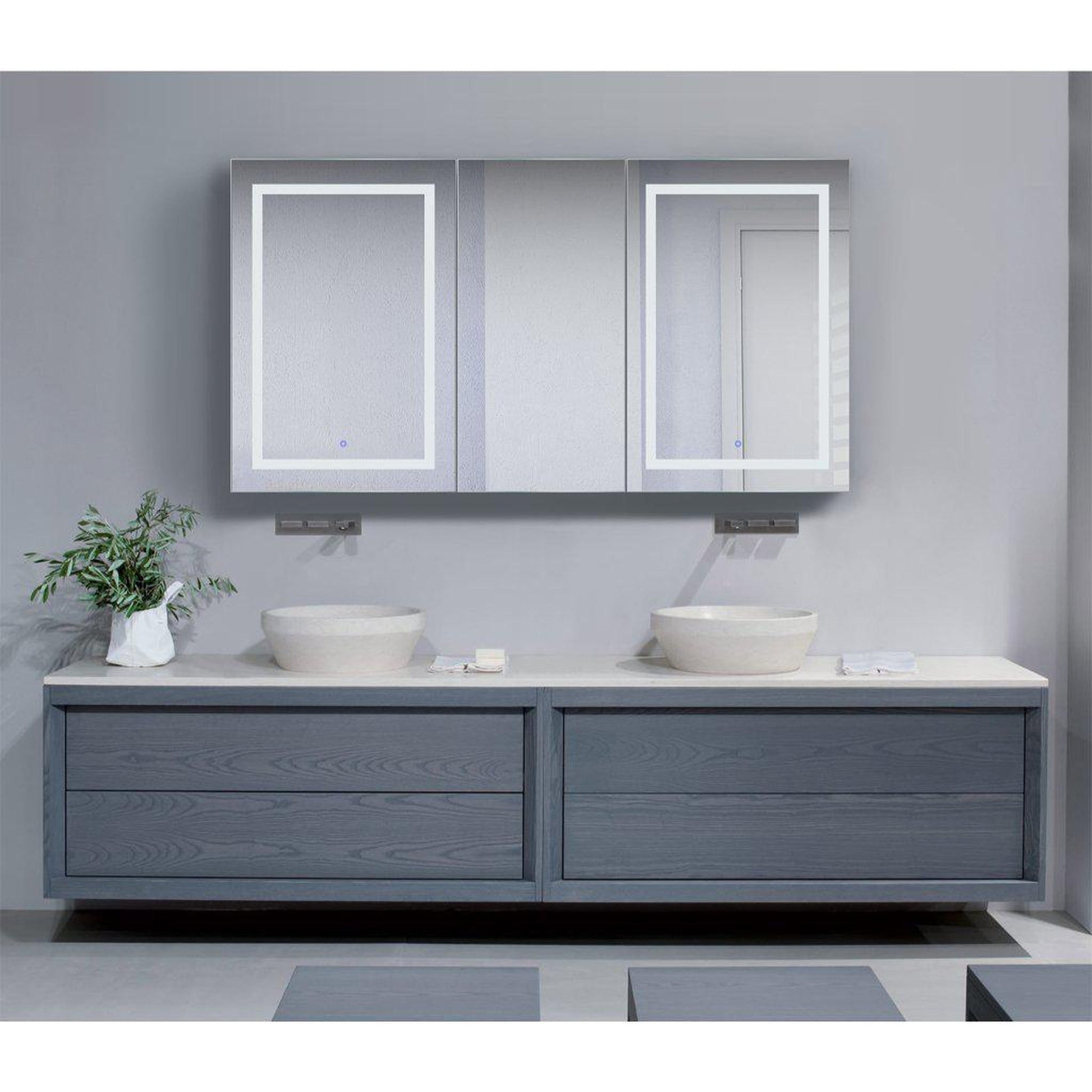 Krugg Reflections Svange 66" x 36" 5000K Double Tri-View Left-Left-Right Opening Recessed/Surface-Mount Illuminated Silver Backed LED Medicine Cabinet Mirror With Built-in Defogger, Dimmer and Electrical Outlet