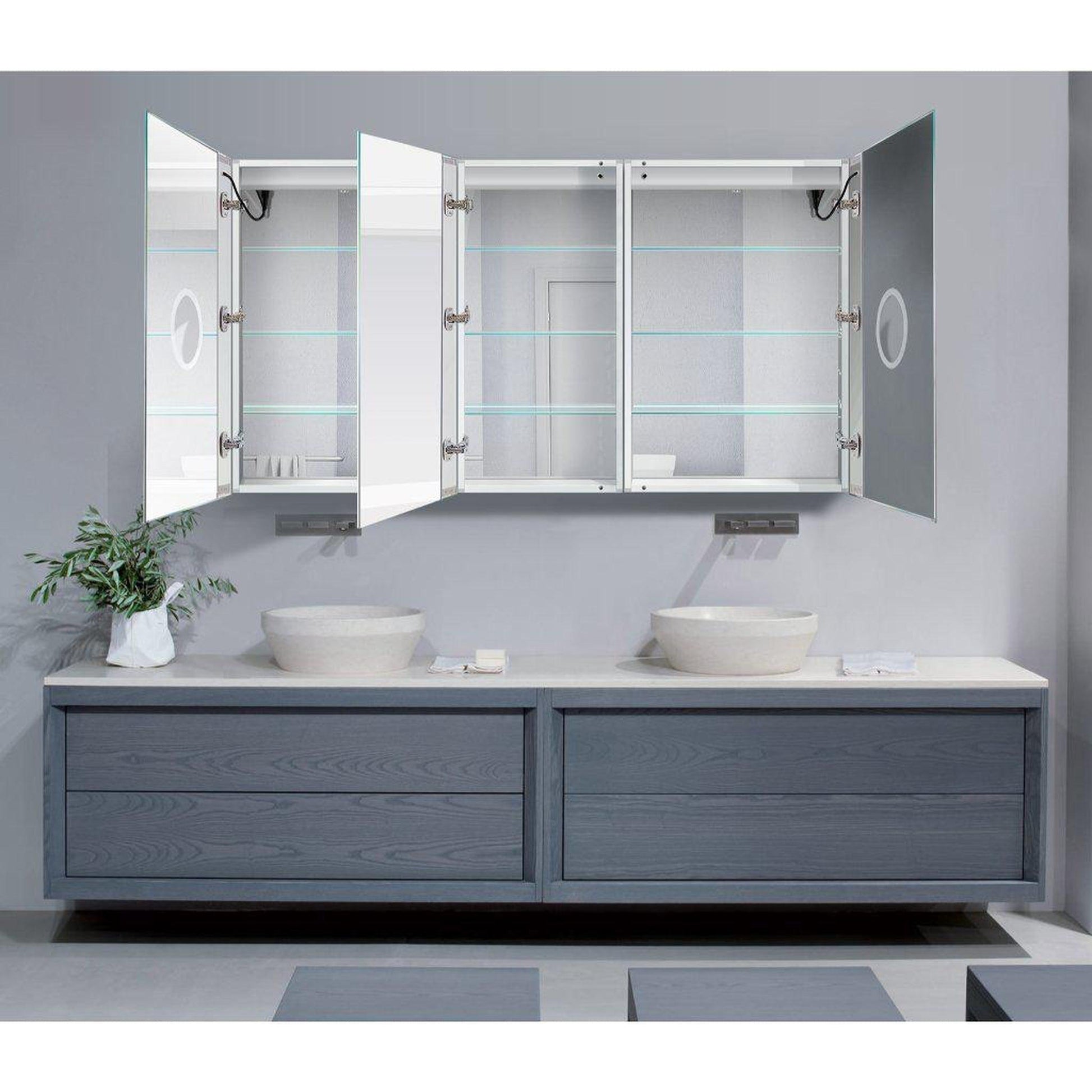 Krugg Reflections Svange 66" x 36" 5000K Double Tri-View Left-Left-Right Opening Recessed/Surface-Mount Illuminated Silver Backed LED Medicine Cabinet Mirror With Built-in Defogger, Dimmer and Electrical Outlet