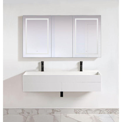 Krugg Reflections Svange 66" x 36" 5000K Double Tri-View Left-Left-Right Opening Recessed/Surface-Mount Illuminated Silver Backed LED Medicine Cabinet Mirror With Built-in Defogger, Dimmer and Electrical Outlet