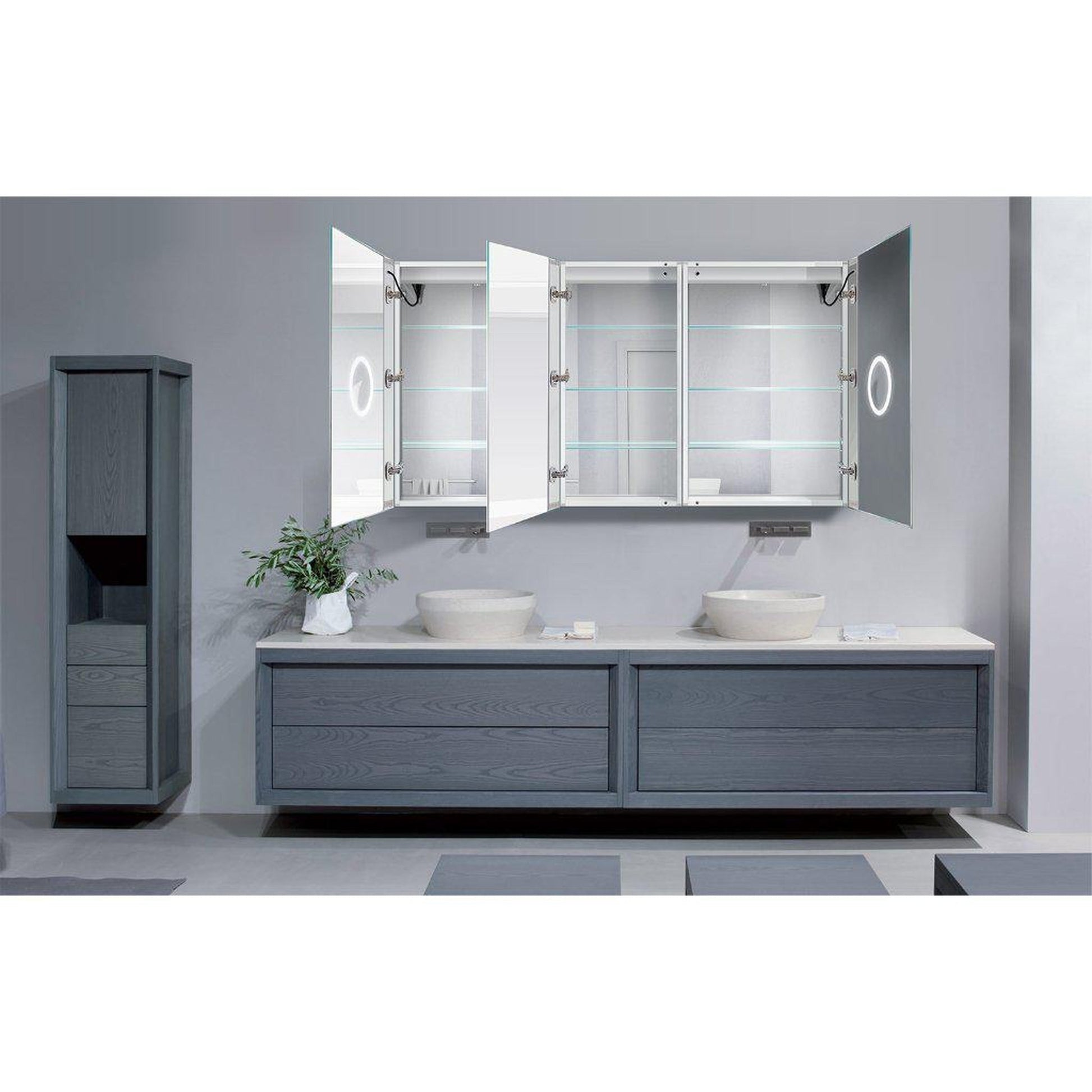 Krugg Reflections Svange 66" x 36" 5000K Double Tri-View Left-Left-Right Opening Recessed/Surface-Mount Illuminated Silver Backed LED Medicine Cabinet Mirror With Built-in Defogger, Dimmer and Electrical Outlet