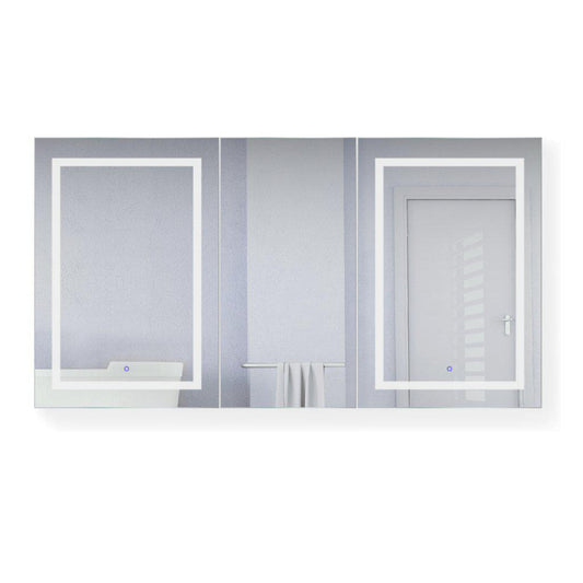 Krugg Reflections Svange 66" x 36" 5000K Double Tri-View Left-Left-Right Opening Recessed/Surface-Mount Illuminated Silver Backed LED Medicine Cabinet Mirror With Built-in Defogger, Dimmer and Electrical Outlet