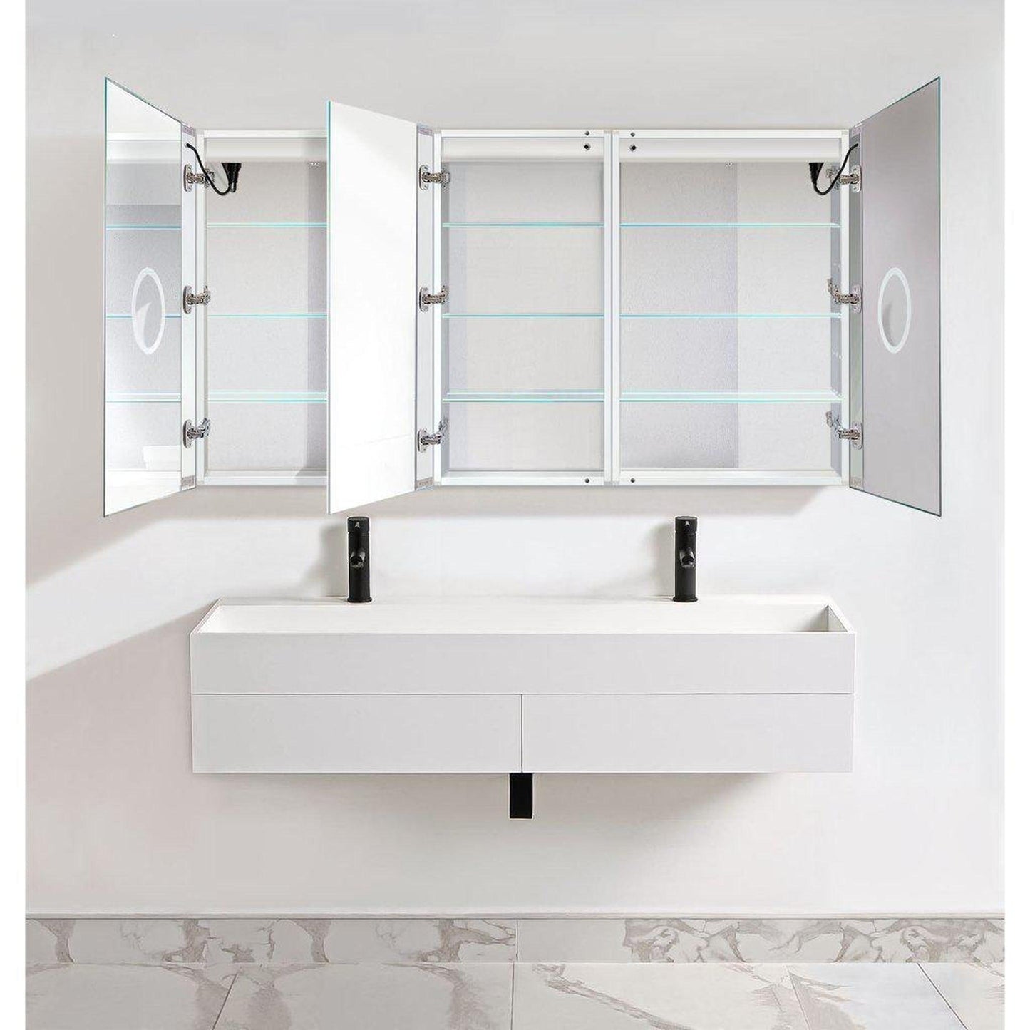 Krugg Reflections Svange 66" x 36" 5000K Double Tri-View Left-Left-Right Opening Recessed/Surface-Mount Illuminated Silver Backed LED Medicine Cabinet Mirror With Built-in Defogger, Dimmer and Electrical Outlet