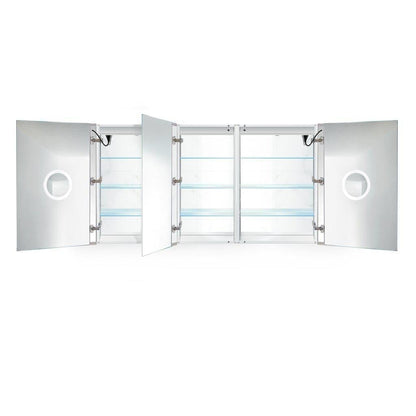 Krugg Reflections Svange 66" x 36" 5000K Double Tri-View Left-Left-Right Opening Recessed/Surface-Mount Illuminated Silver Backed LED Medicine Cabinet Mirror With Built-in Defogger, Dimmer and Electrical Outlet