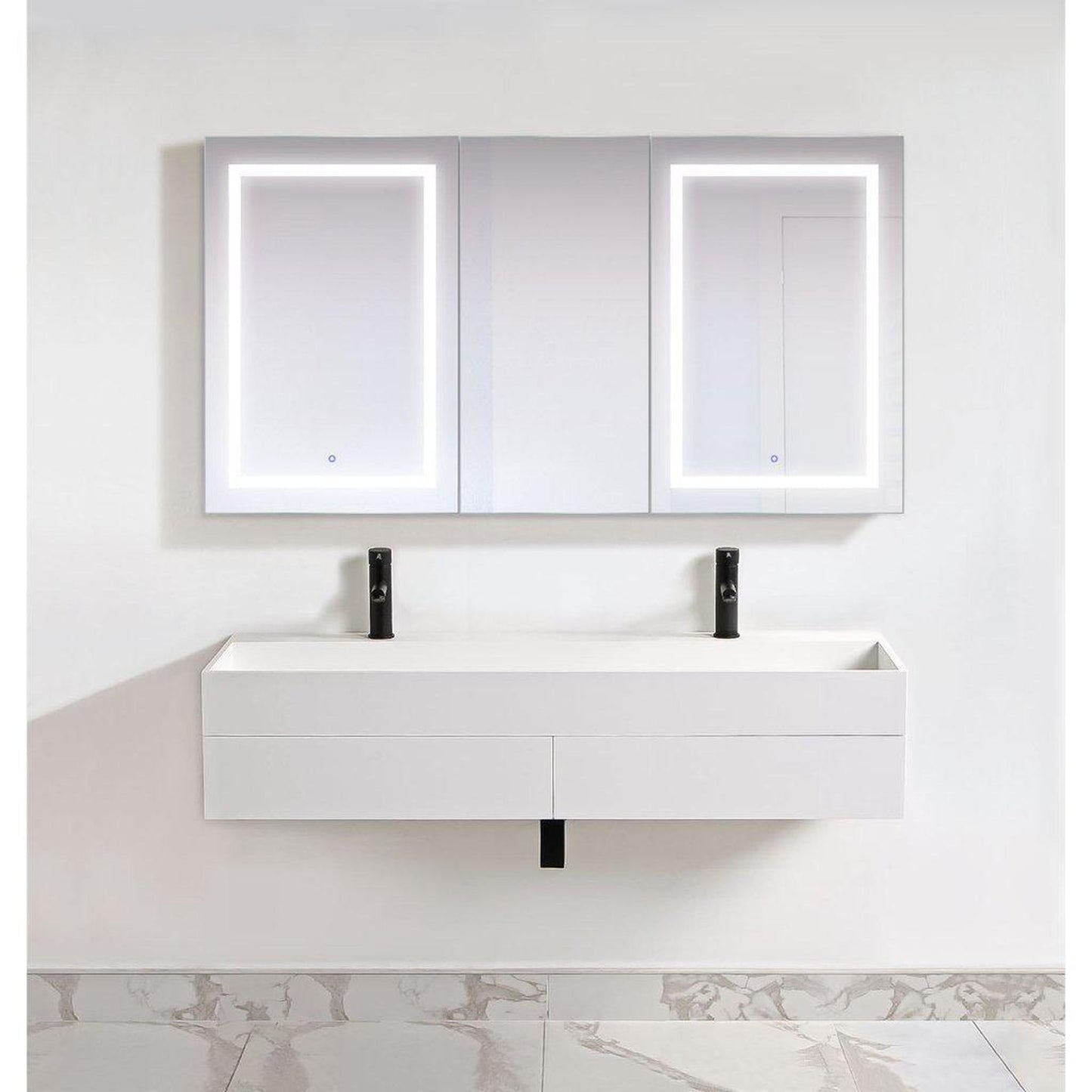 Krugg Reflections Svange 66" x 36" 5000K Double Tri-View Left-Left-Right Opening Recessed/Surface-Mount Illuminated Silver Backed LED Medicine Cabinet Mirror With Built-in Defogger, Dimmer and Electrical Outlet