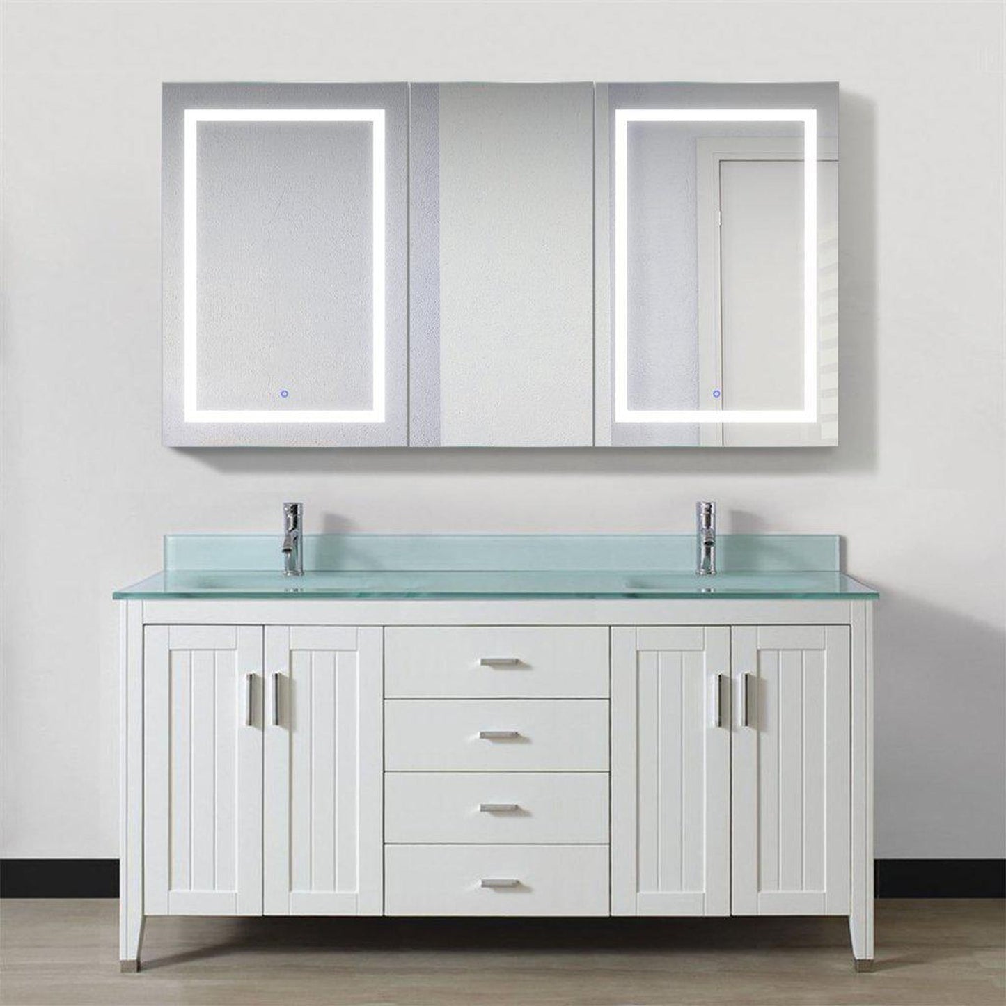 Krugg Reflections Svange 66" x 36" 5000K Double Tri-View Left-Left-Right Opening Recessed/Surface-Mount Illuminated Silver Backed LED Medicine Cabinet Mirror With Built-in Defogger, Dimmer and Electrical Outlet