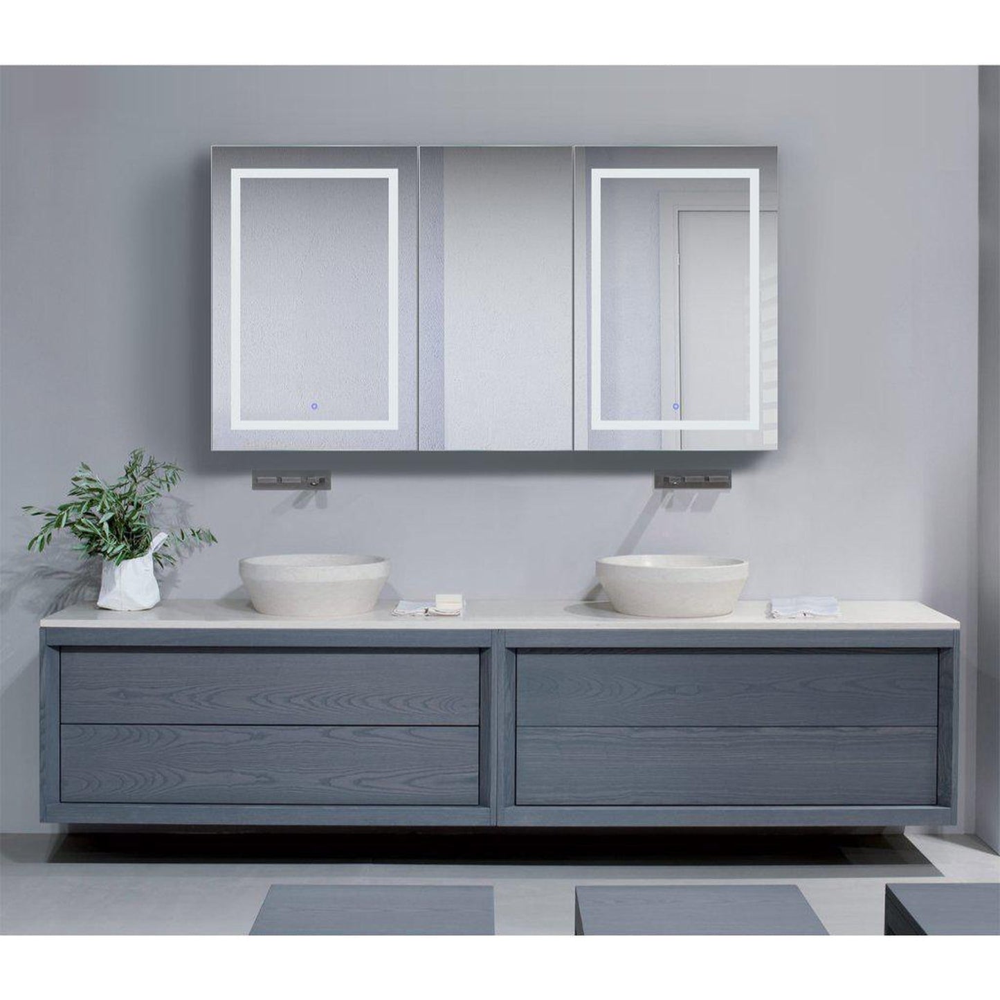 Krugg Reflections Svange 66" x 36" 5000K Double Tri-View Left-Left-Right Opening Recessed/Surface-Mount Illuminated Silver Backed LED Medicine Cabinet Mirror With Built-in Defogger, Dimmer and Electrical Outlet