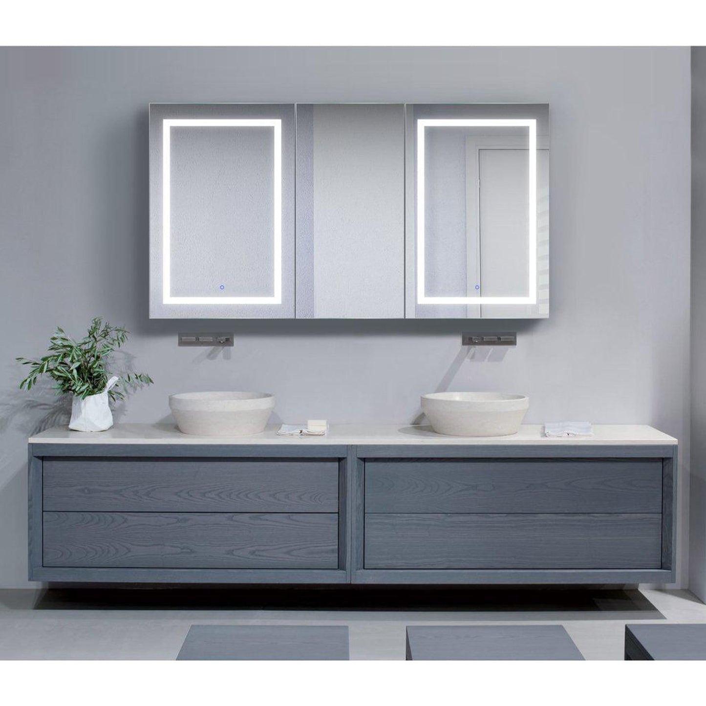 Krugg Reflections Svange 66" x 36" 5000K Double Tri-View Left-Left-Right Opening Recessed/Surface-Mount Illuminated Silver Backed LED Medicine Cabinet Mirror With Built-in Defogger, Dimmer and Electrical Outlet