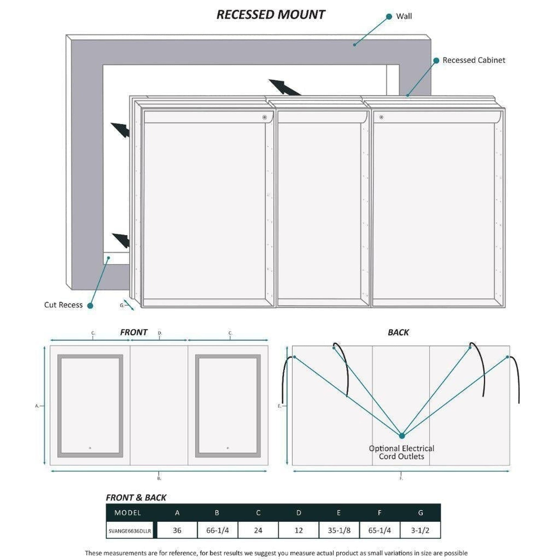 Krugg Reflections Svange 66" x 36" 5000K Double Tri-View Left-Left-Right Opening Recessed/Surface-Mount Illuminated Silver Backed LED Medicine Cabinet Mirror With Built-in Defogger, Dimmer and Electrical Outlet