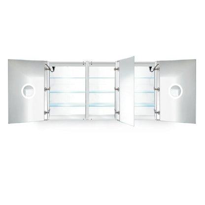 Krugg Reflections Svange 66" x 36" 5000K Double Tri-View Left-Right-Right Opening Recessed/Surface-Mount Illuminated Silver Backed LED Medicine Cabinet Mirror With Built-in Defogger, Dimmer and Electrical Outlet