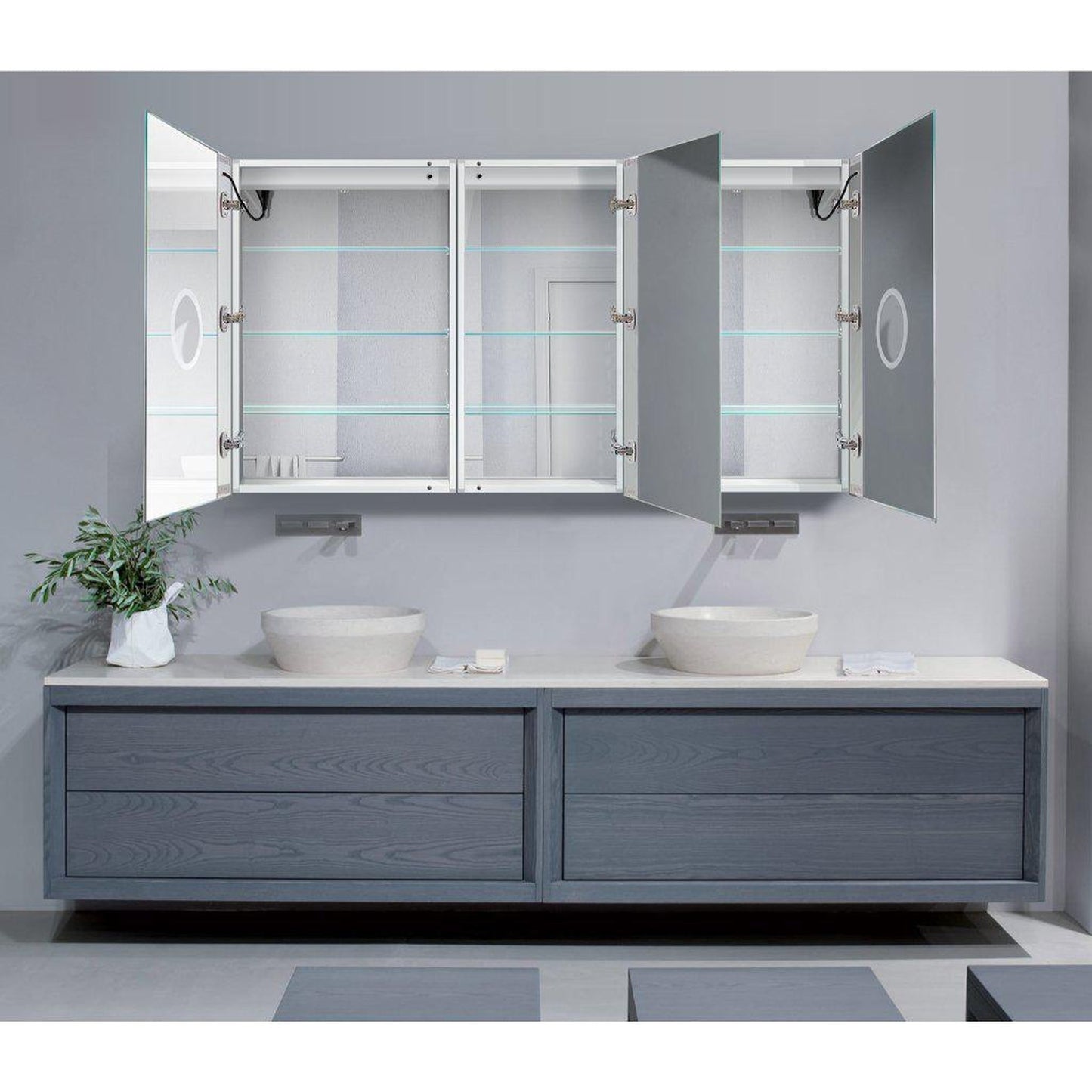 Krugg Reflections Svange 66" x 36" 5000K Double Tri-View Left-Right-Right Opening Recessed/Surface-Mount Illuminated Silver Backed LED Medicine Cabinet Mirror With Built-in Defogger, Dimmer and Electrical Outlet