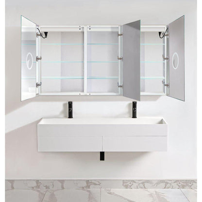 Krugg Reflections Svange 66" x 36" 5000K Double Tri-View Left-Right-Right Opening Recessed/Surface-Mount Illuminated Silver Backed LED Medicine Cabinet Mirror With Built-in Defogger, Dimmer and Electrical Outlet