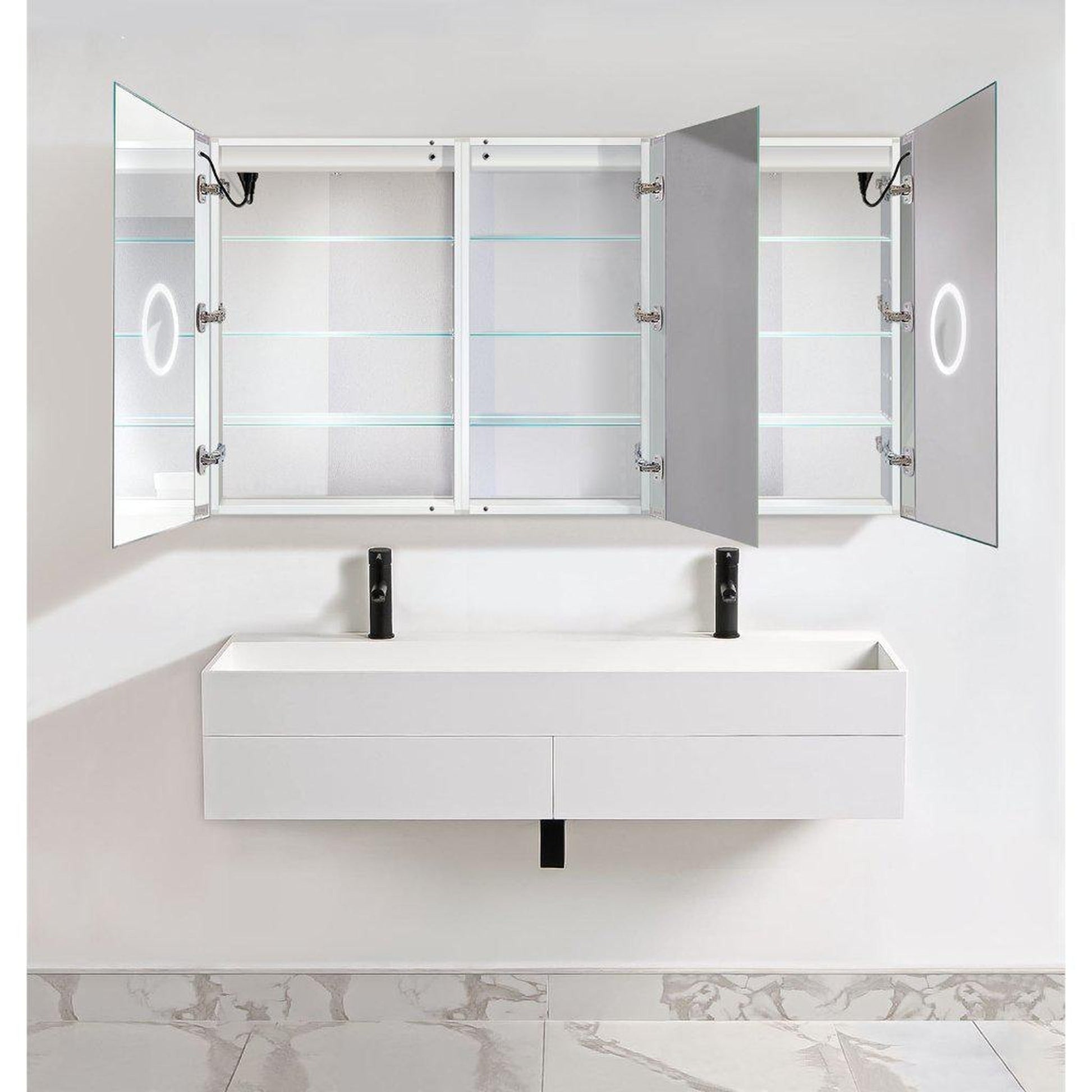 Krugg Reflections Svange 66" x 36" 5000K Double Tri-View Left-Right-Right Opening Recessed/Surface-Mount Illuminated Silver Backed LED Medicine Cabinet Mirror With Built-in Defogger, Dimmer and Electrical Outlet