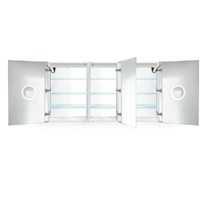 Krugg Reflections Svange 66" x 36" 5000K Double Tri-View Left-Right-Right Opening Recessed/Surface-Mount Illuminated Silver Backed LED Medicine Cabinet Mirror With Built-in Defogger, Dimmer and Electrical Outlet