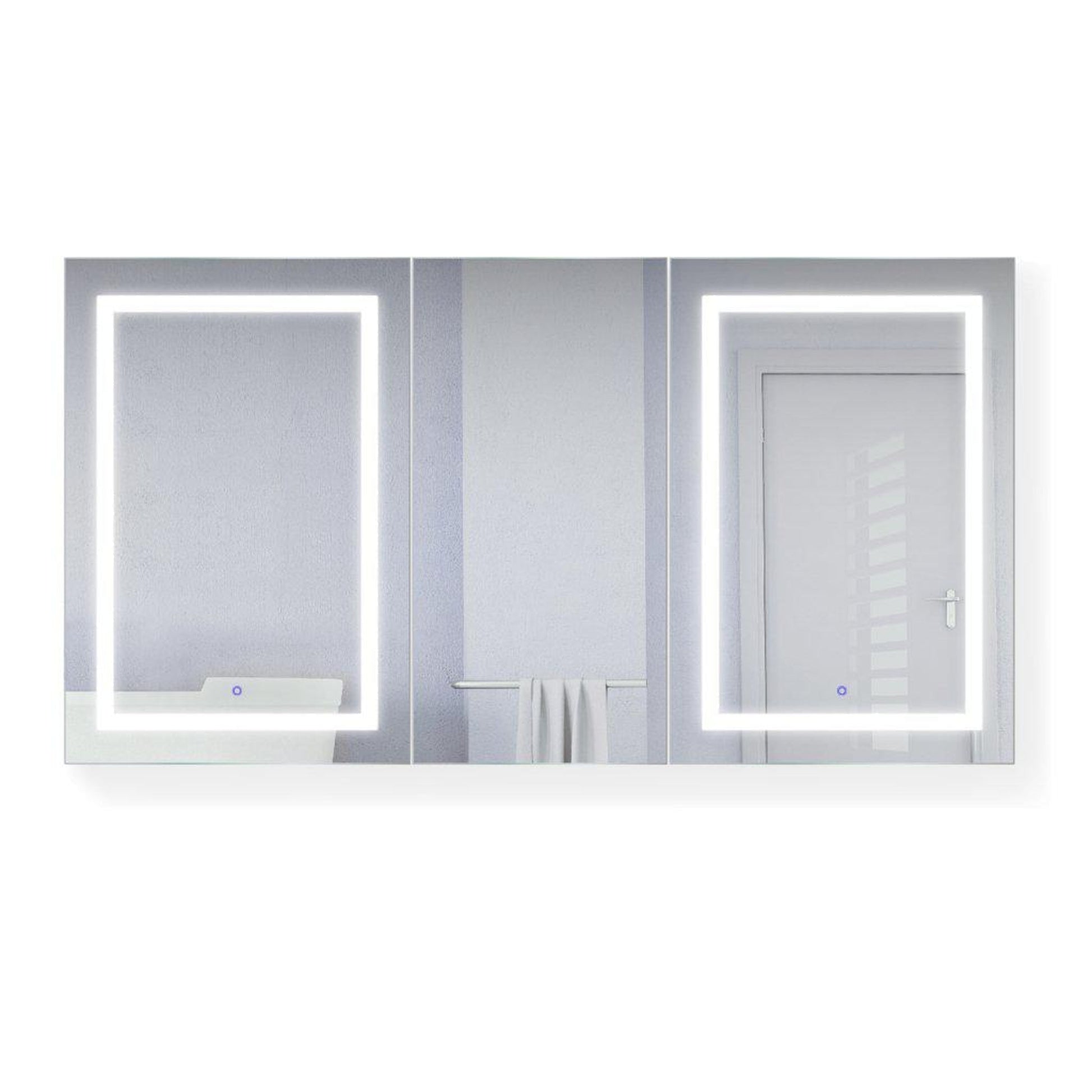 Krugg Reflections Svange 66" x 36" 5000K Double Tri-View Left-Right-Right Opening Recessed/Surface-Mount Illuminated Silver Backed LED Medicine Cabinet Mirror With Built-in Defogger, Dimmer and Electrical Outlet