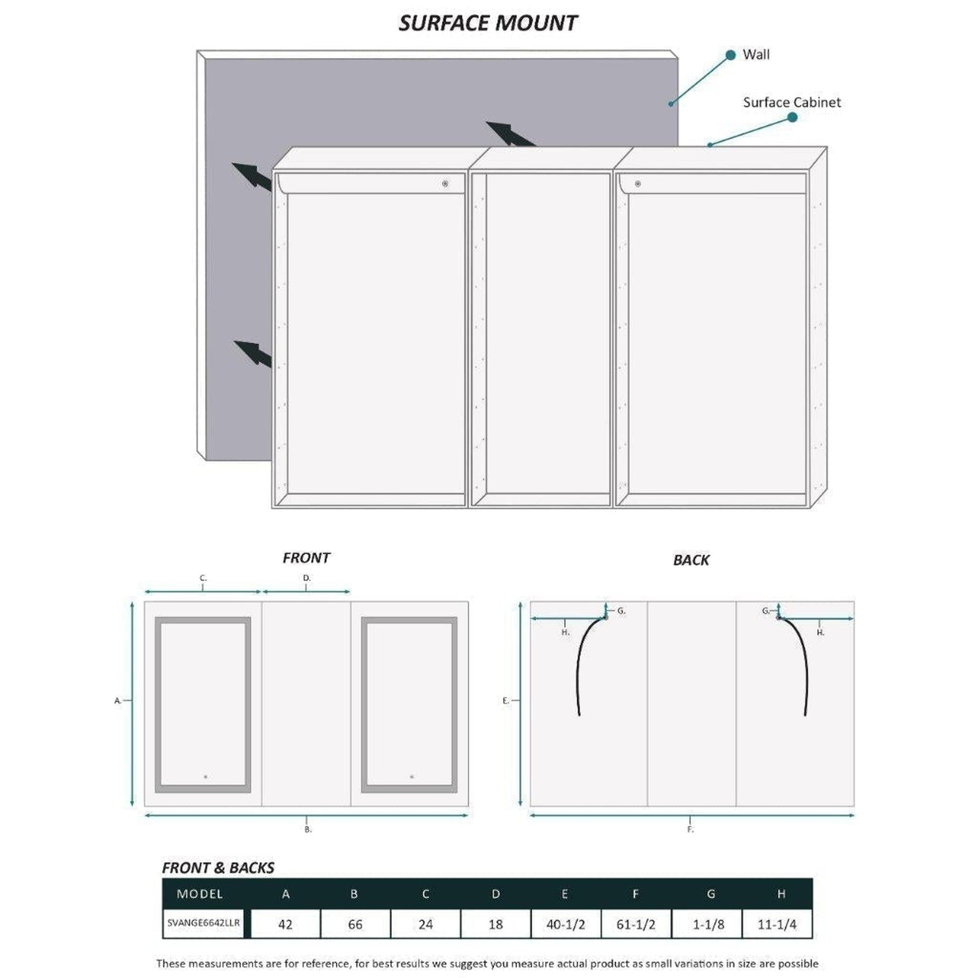 Krugg Reflections Svange 66" x 42" 5000K Double Tri-View Left-Left-Right Opening Recessed/Surface-Mount Illuminated Silver Backed LED Medicine Cabinet Mirror With Built-in Defogger, Dimmer and Electrical Outlet