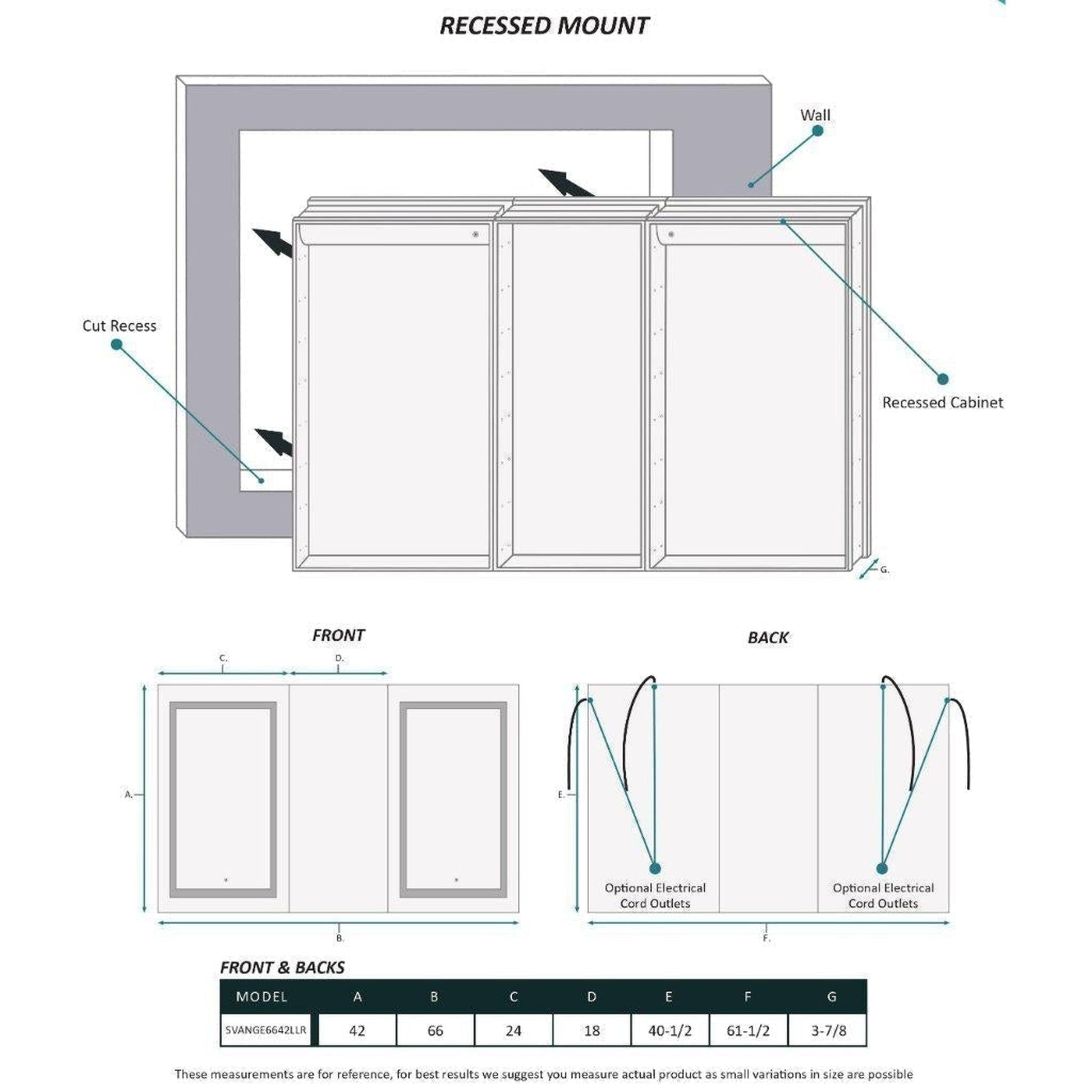 Krugg Reflections Svange 66" x 42" 5000K Double Tri-View Left-Left-Right Opening Recessed/Surface-Mount Illuminated Silver Backed LED Medicine Cabinet Mirror With Built-in Defogger, Dimmer and Electrical Outlet