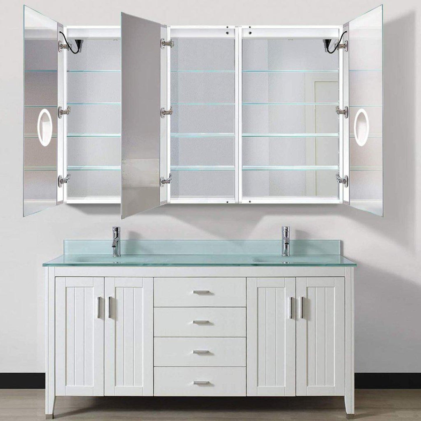 Krugg Reflections Svange 66" x 42" 5000K Double Tri-View Left-Left-Right Opening Recessed/Surface-Mount Illuminated Silver Backed LED Medicine Cabinet Mirror With Built-in Defogger, Dimmer and Electrical Outlet