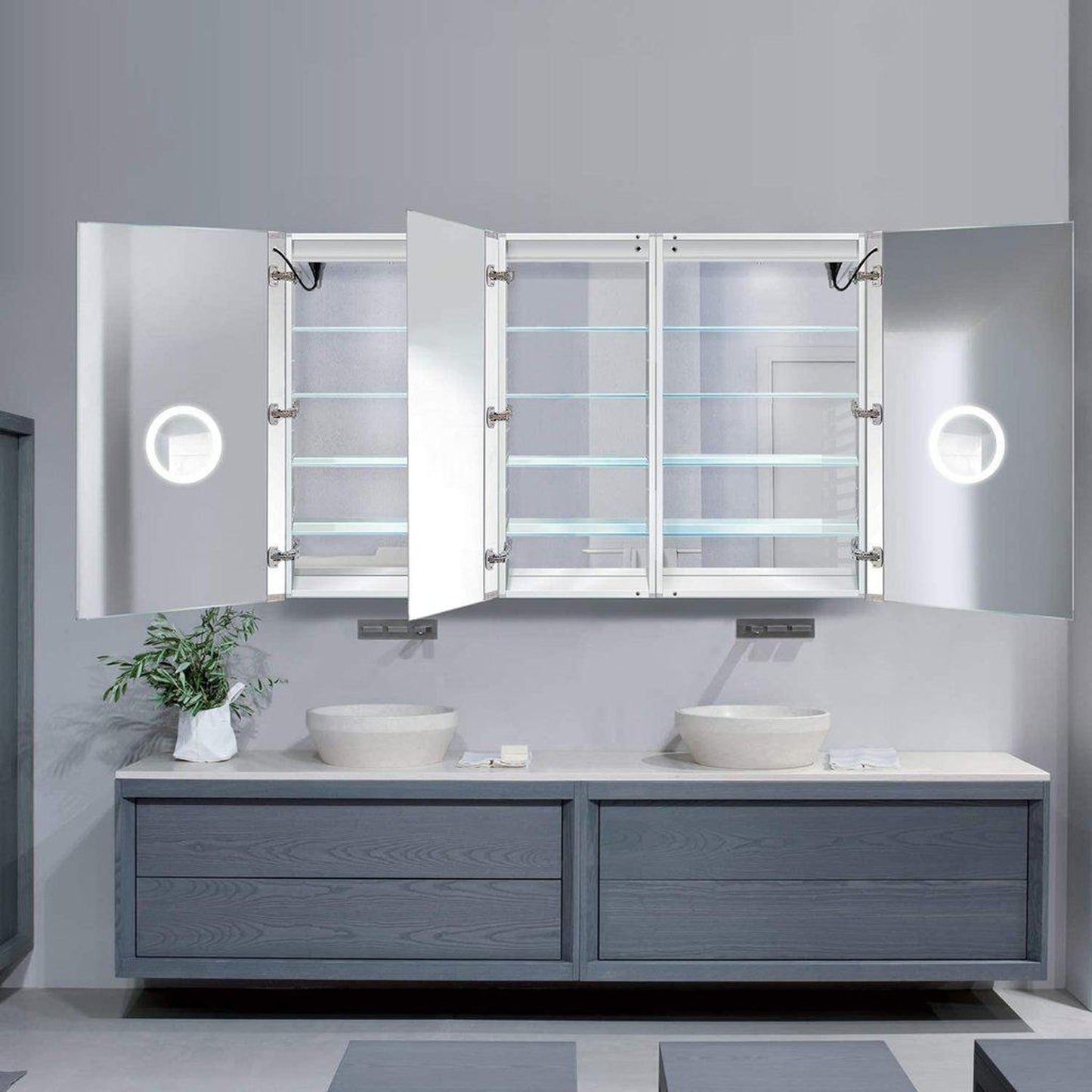 Krugg Reflections Svange 66" x 42" 5000K Double Tri-View Left-Left-Right Opening Recessed/Surface-Mount Illuminated Silver Backed LED Medicine Cabinet Mirror With Built-in Defogger, Dimmer and Electrical Outlet