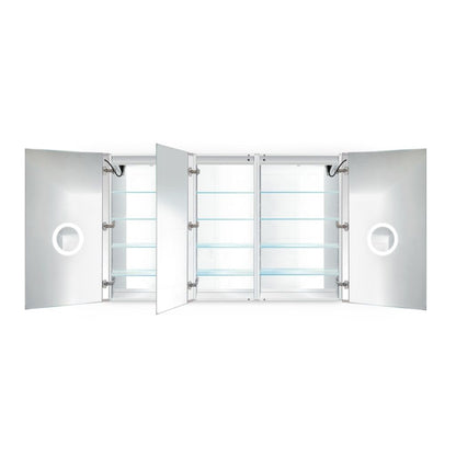 Krugg Reflections Svange 66" x 42" 5000K Double Tri-View Left-Left-Right Opening Recessed/Surface-Mount Illuminated Silver Backed LED Medicine Cabinet Mirror With Built-in Defogger, Dimmer and Electrical Outlet