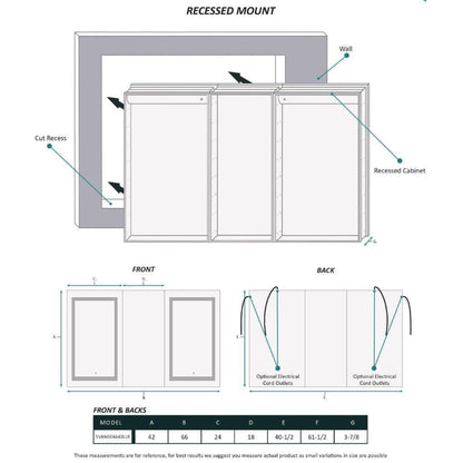 Krugg Reflections Svange 66" x 42" 5000K Double Tri-View Left-Left-Right Opening Recessed/Surface-Mount Illuminated Silver Backed LED Medicine Cabinet Mirror With Built-in Defogger, Dimmer and Electrical Outlet