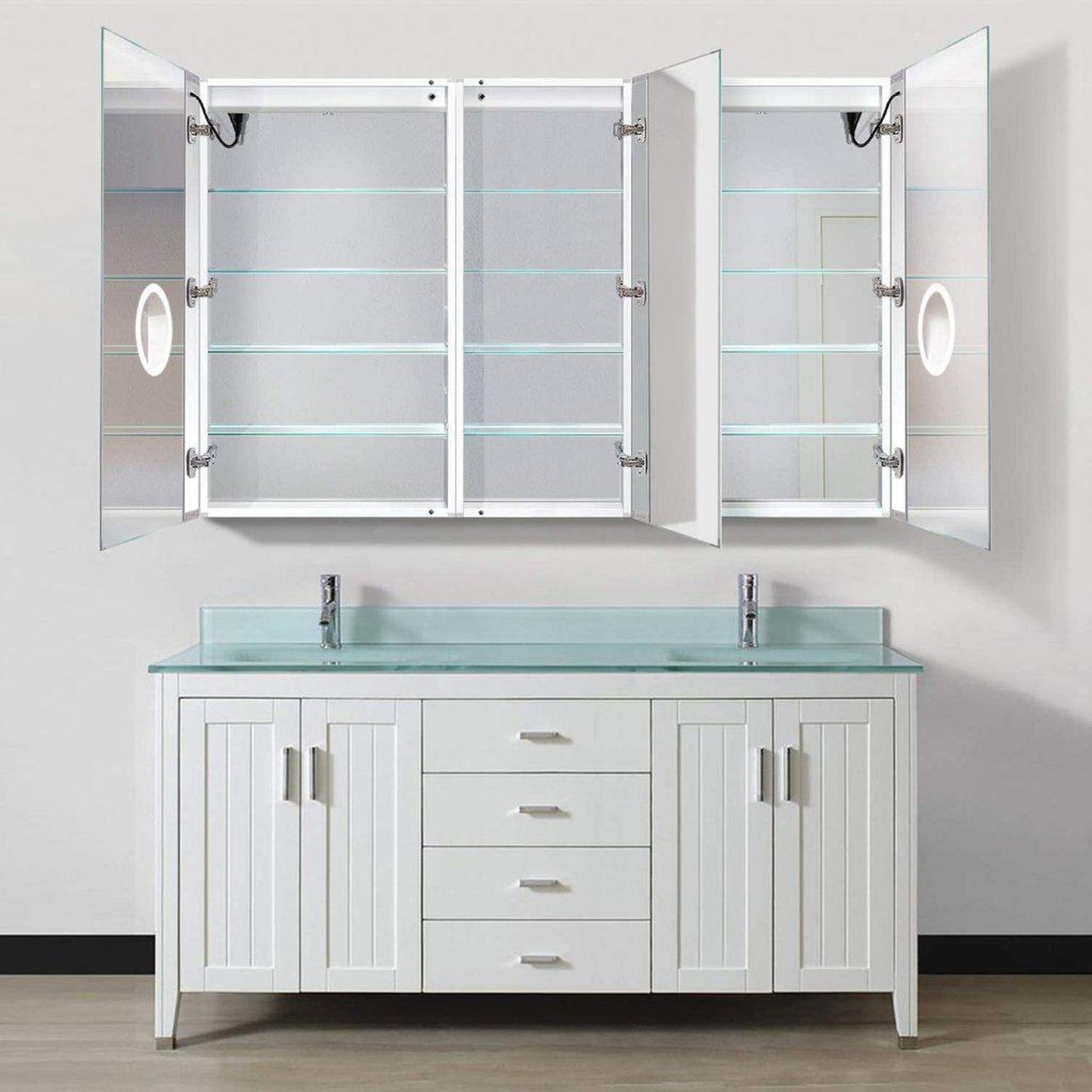 Krugg Reflections Svange 66" x 42" 5000K Double Tri-View Left-Right-Right Opening Recessed/Surface-Mount Illuminated Silver Backed LED Medicine Cabinet Mirror With Built-in Defogger, Dimmer and Electrical Outlet