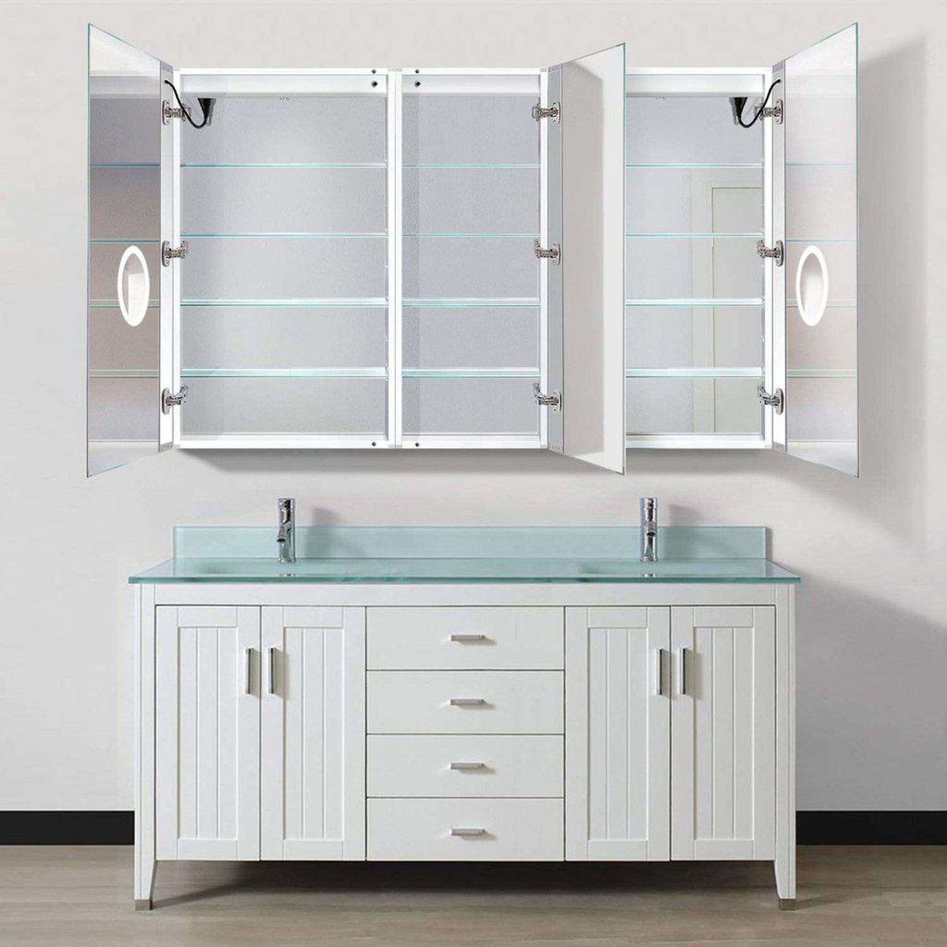 Krugg Reflections Svange 66" x 42" 5000K Double Tri-View Left-Right-Right Opening Recessed/Surface-Mount Illuminated Silver Backed LED Medicine Cabinet Mirror With Built-in Defogger, Dimmer and Electrical Outlet
