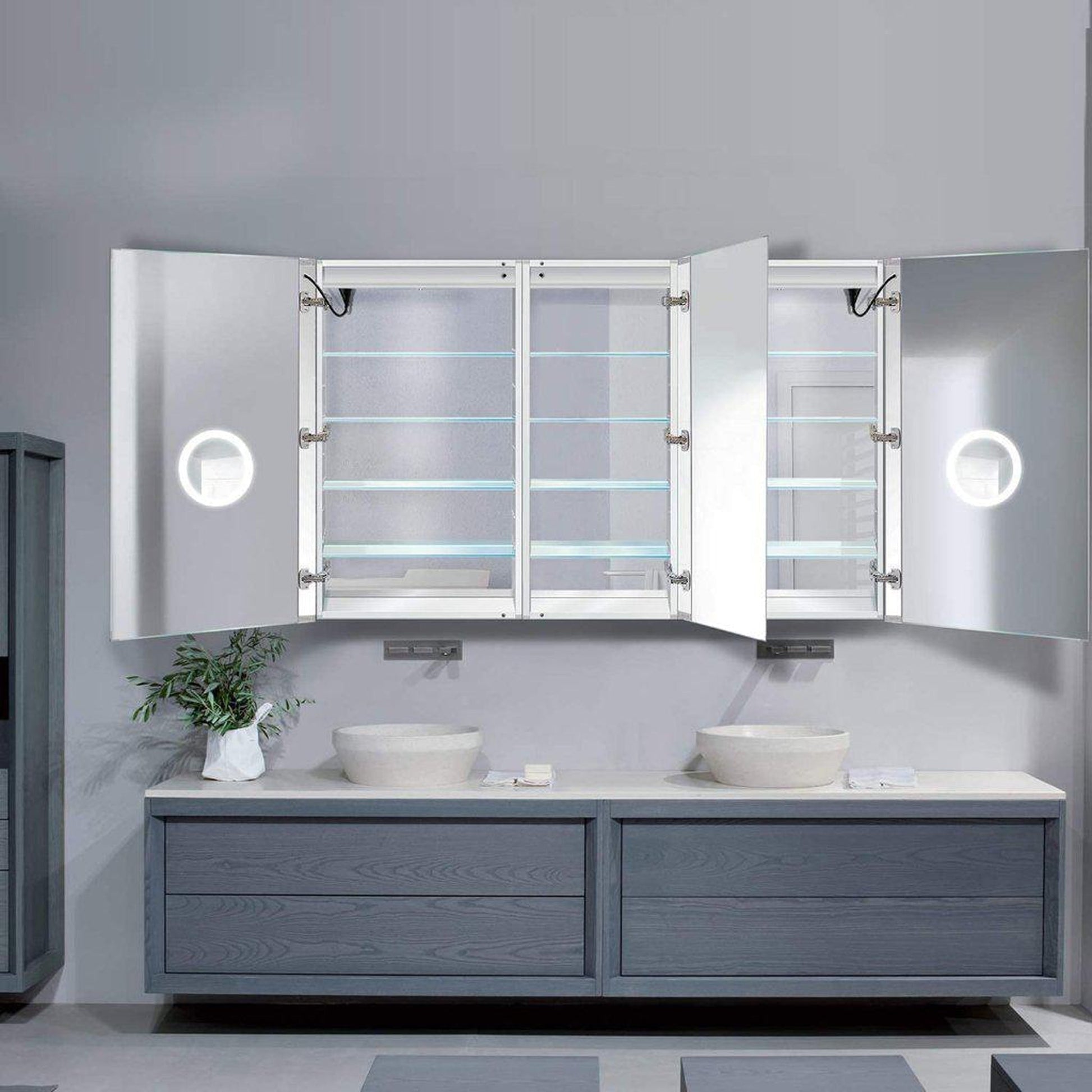 Krugg Reflections Svange 66" x 42" 5000K Double Tri-View Left-Right-Right Opening Recessed/Surface-Mount Illuminated Silver Backed LED Medicine Cabinet Mirror With Built-in Defogger, Dimmer and Electrical Outlet